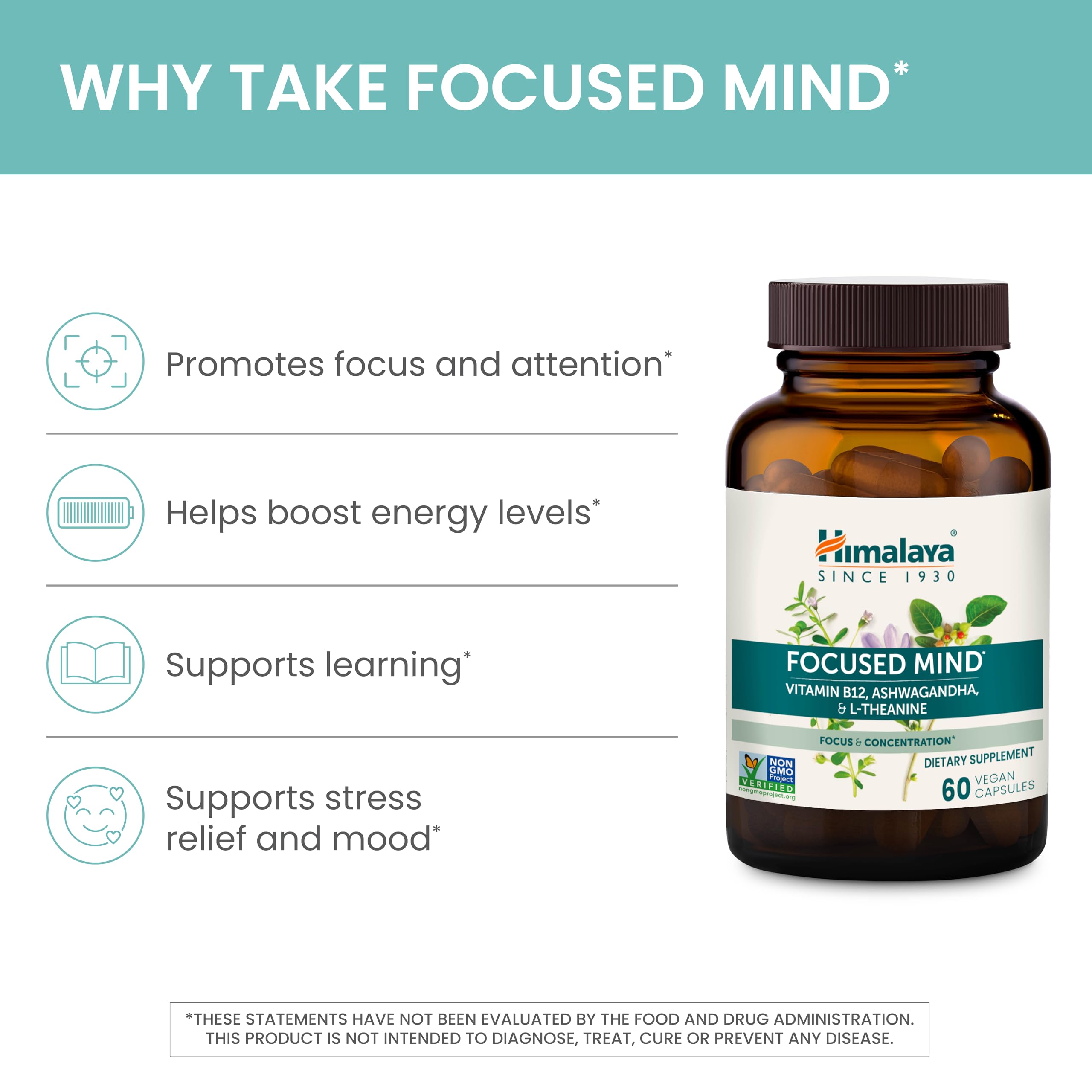 Himalaya Focused Mind Supplement, with Ashwagandha, Bacopa & L-Theanine for Attention, Focus and Energy Support, 60 Vegan Capsules, Gluten Free, 1 Month Supply HimalayaAu supplements
