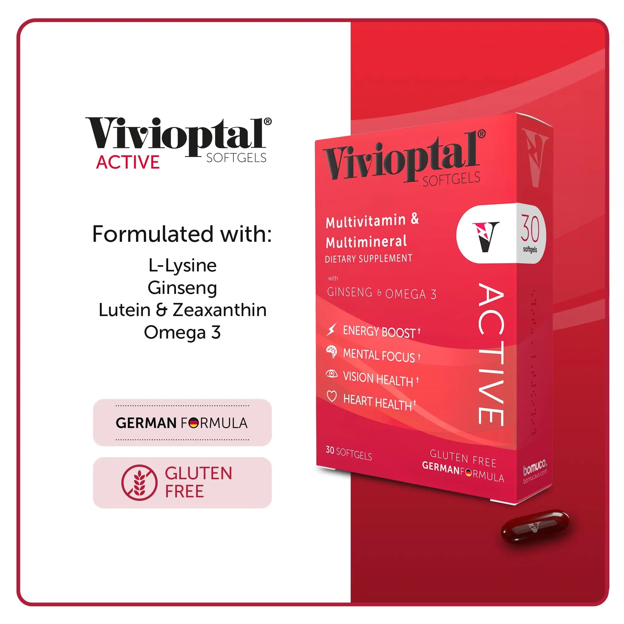 Vivioptal Active, 30 Softgels, Ginseng & Omega 3, Multivitamin & Multimineral, Gluten Free, German Formula Vivioptal VitaminsAu supplements
