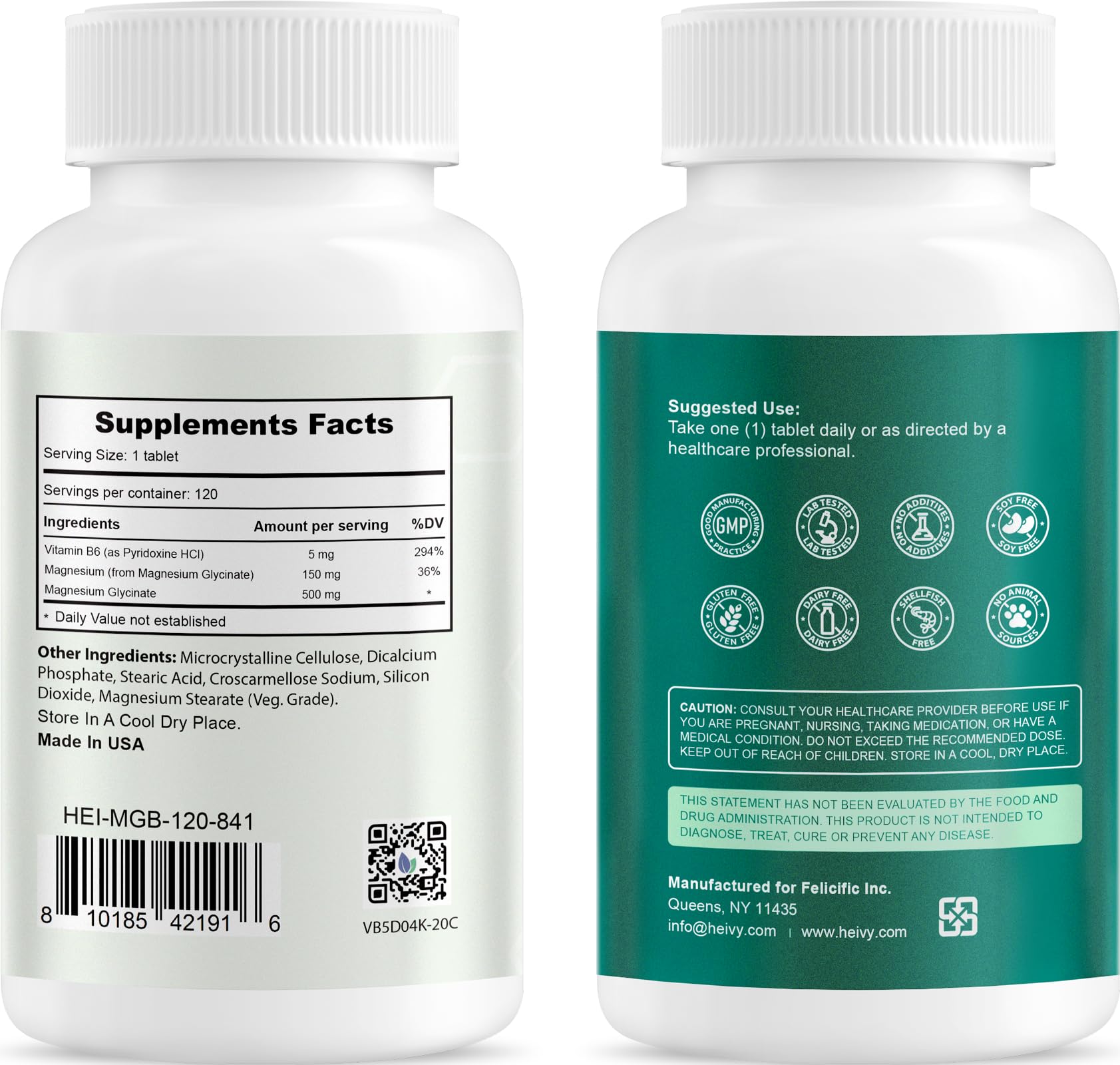 Heivy Pure Magnesium Glycinate 500mg with Vitamin B6, 100% Chelated & Purified Supports Nerve Relife, Sleep Aid & Muscle Support, Vegan & Non-GMO, Made in USA, 3rd Party Tested, 120 Tablets HeivyAu supplements