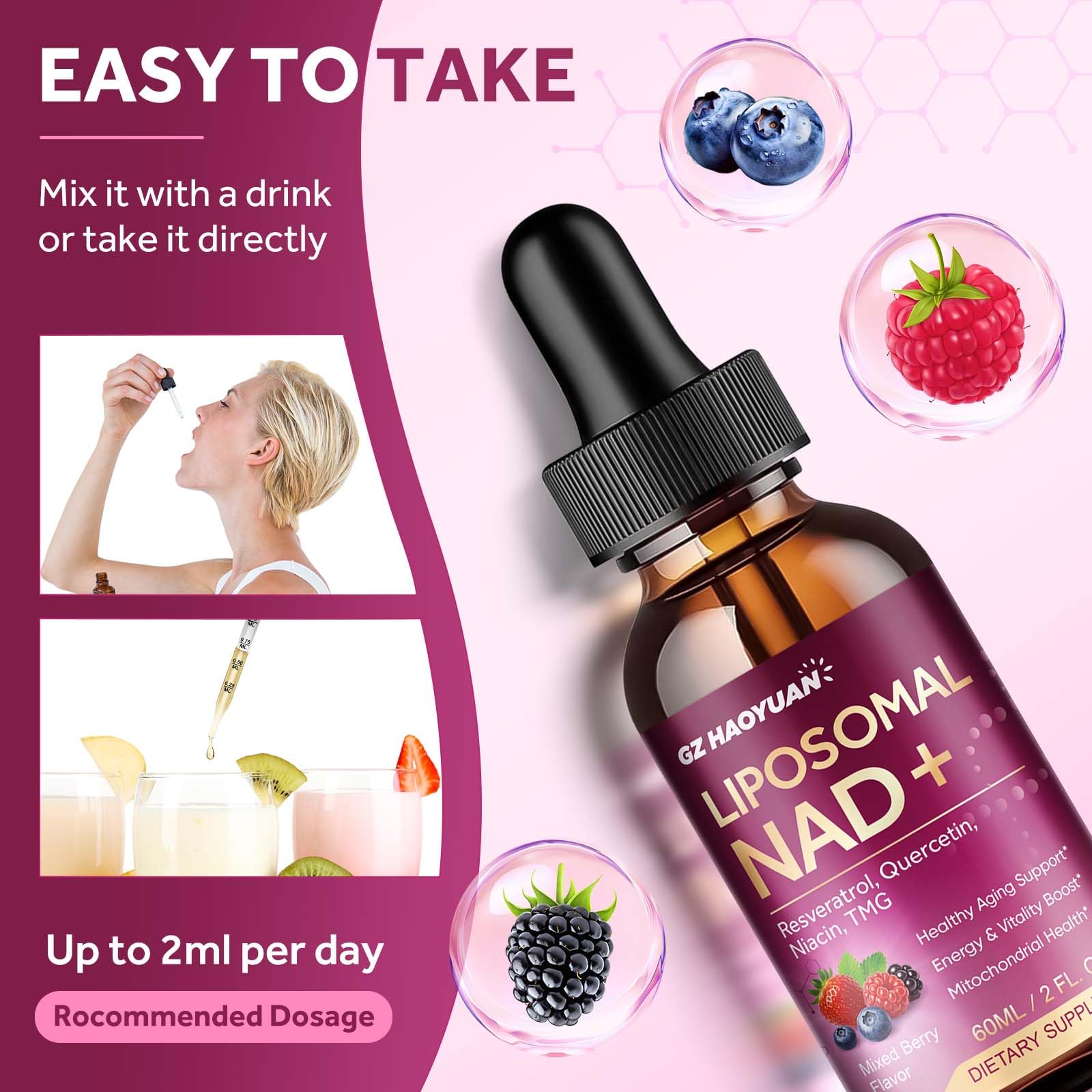 Liposomal NAD Supplement - 1200mg NAD+ Liquid Drops for Women & Men with Nicotinamide, Resveratrol, Quercetin, TMG, Black Pepper Extract - Brain & Cellular Mitochondrial Health, Anti-Aging, Longevity GZ HAOYUANAu supplements
