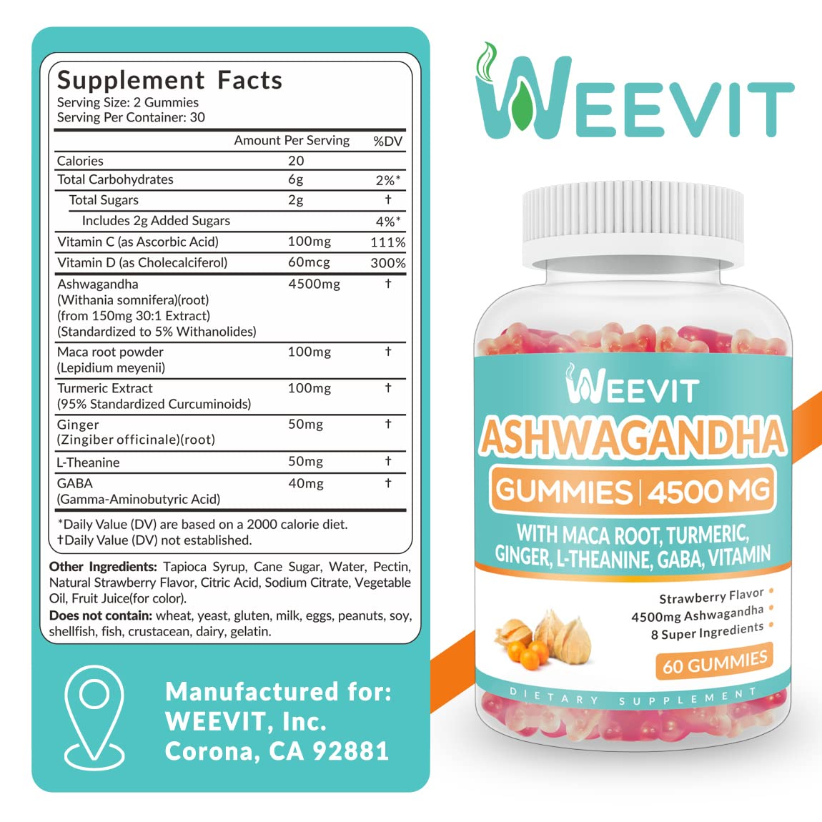 Ashwagandha Gummies 4500mg for Women & Men, Ashwagandha Gummy with Maca Root WEEVITUS supplements