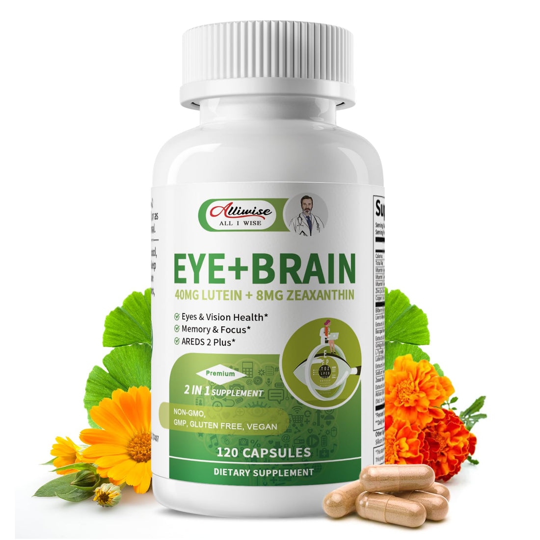 Eye + Brain Supplements for Memory and Focus, Lutein 40mg, Zeaxanthin, Astaxanthin, Bilberry, Lion’s Mane, Bacopa Monnieri, Ginkgo Biloba, 14 in 1 Eye Vitamins for Adults & Seniors 120 Capsules AlliwiseAu supplements