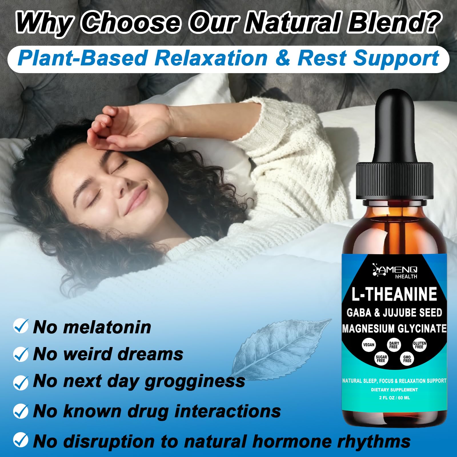 L Theanine Liquid Drops - Double Strength L-Theanine 200mg for Adults & Kids, Fast Absorption Gaba L-Theanine Supplements w. Magnesium & Jujube Seed for Nerve & Sleep, Relaxation & Mood Support丨Vegan AMENQ hHEALTHAu supplements