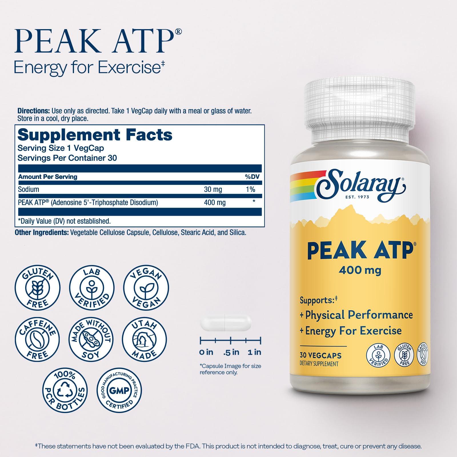 SOLARAY Peak ATP 400 mg - Physical Performance and Exercise Energy Supplements - Stim Free Pre Workout Pills - No Caffeine or Gluten - Lab Verified - 60-Day Guarantee - 30 Servings, 30 VegCaps SOLARAYAu supplements