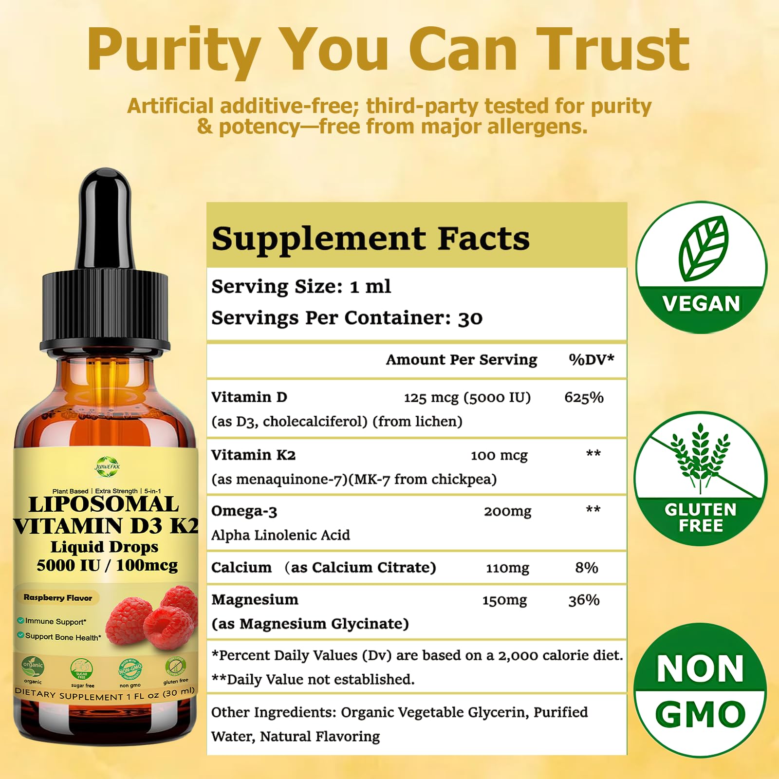Liquid Vitamin D3 K2 Drops with Calcium Magnesium Omega3, High Potency 5-in-1 D3 K2 Vitamin 5000 IU Supplement for Bone Health, Heart Teeth & Immue, Ultra High Absorption Liposomal D3K2 Plant-Based JUIWEFKKAu supplements