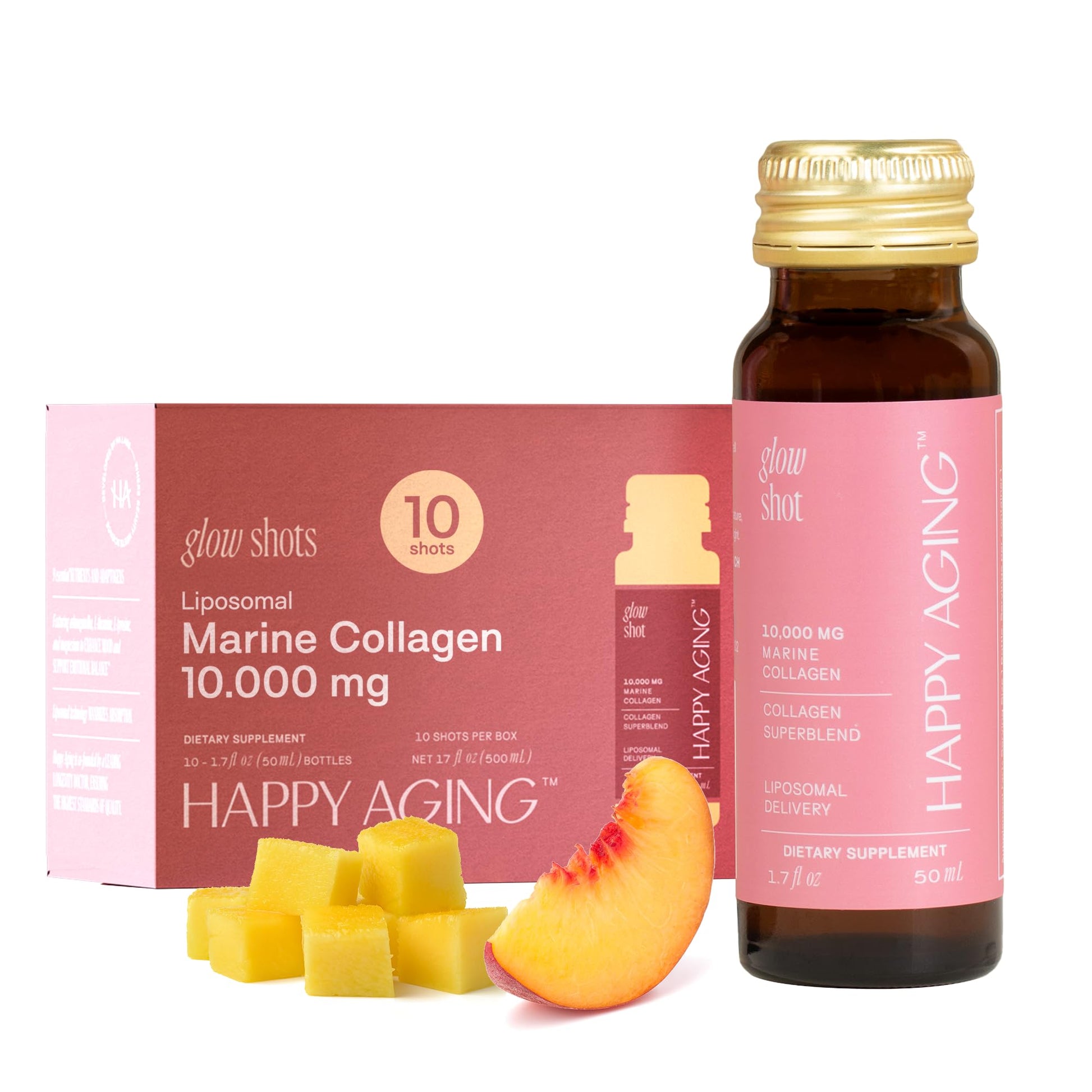 Happy Aging Marine Collagen Peptides Glow Shot 10,000mg - Liquid Collagen for Women with Liposomal Delivery - Promotes Skin Hydration, Elasticity & Radiance - Supports Hair & Nails, 10 Shots Happy AgingAu supplements