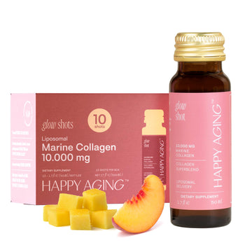Happy Aging Marine Collagen Peptides Glow Shot 10,000mg - Liquid Collagen for Women with Liposomal Delivery - Promotes Skin Hydration, Elasticity & Radiance - Supports Hair & Nails, 10 Shots Happy AgingAu supplements