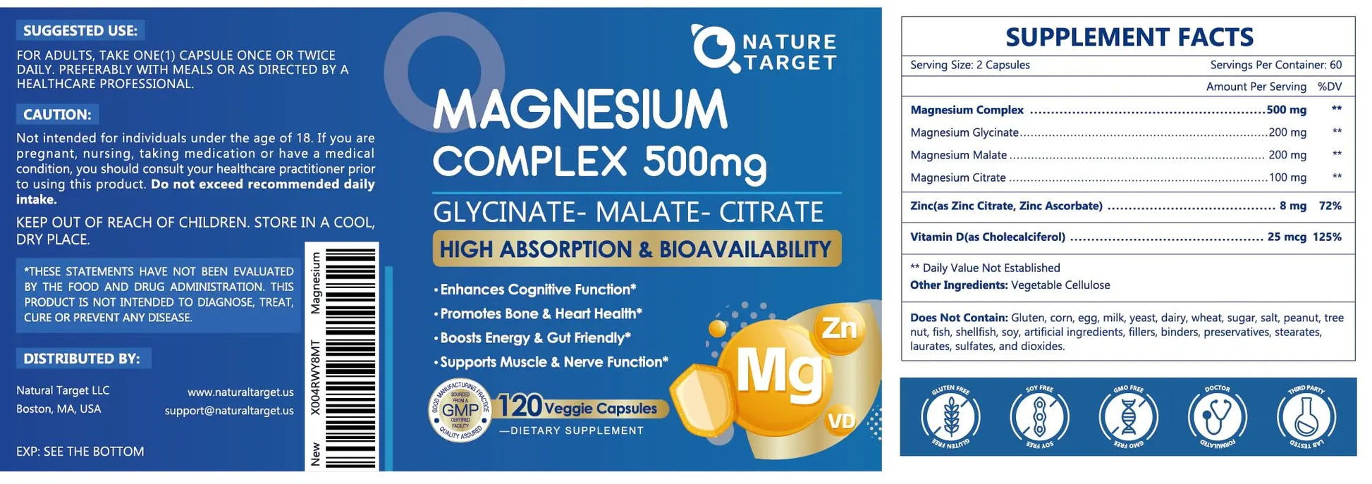 Magnesium Complex 500mg, Magnesium Glycinate, Malate & Citrate - High Absorption Chelated Triple Magnesium Supplement with Zinc, Vitamin D3 for Muscle, Nerve, Bone & Immune Support, Vegan 120 Capsules NATURE TARGETnz supplements