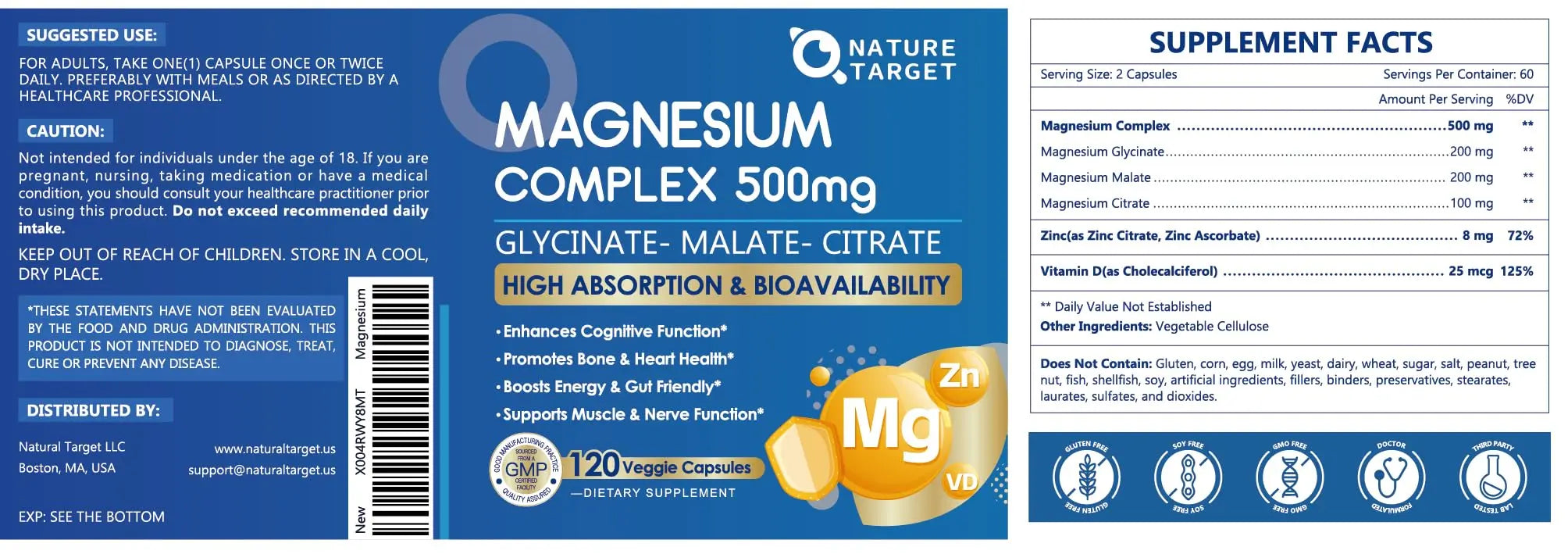 Magnesium Complex 500mg, Magnesium Glycinate, Malate & Citrate - High Absorption Chelated Triple Magnesium Supplement with Zinc, Vitamin D3 for Muscle, Nerve, Bone & Immune Support, Vegan 120 Capsules NATURE TARGETnz supplements