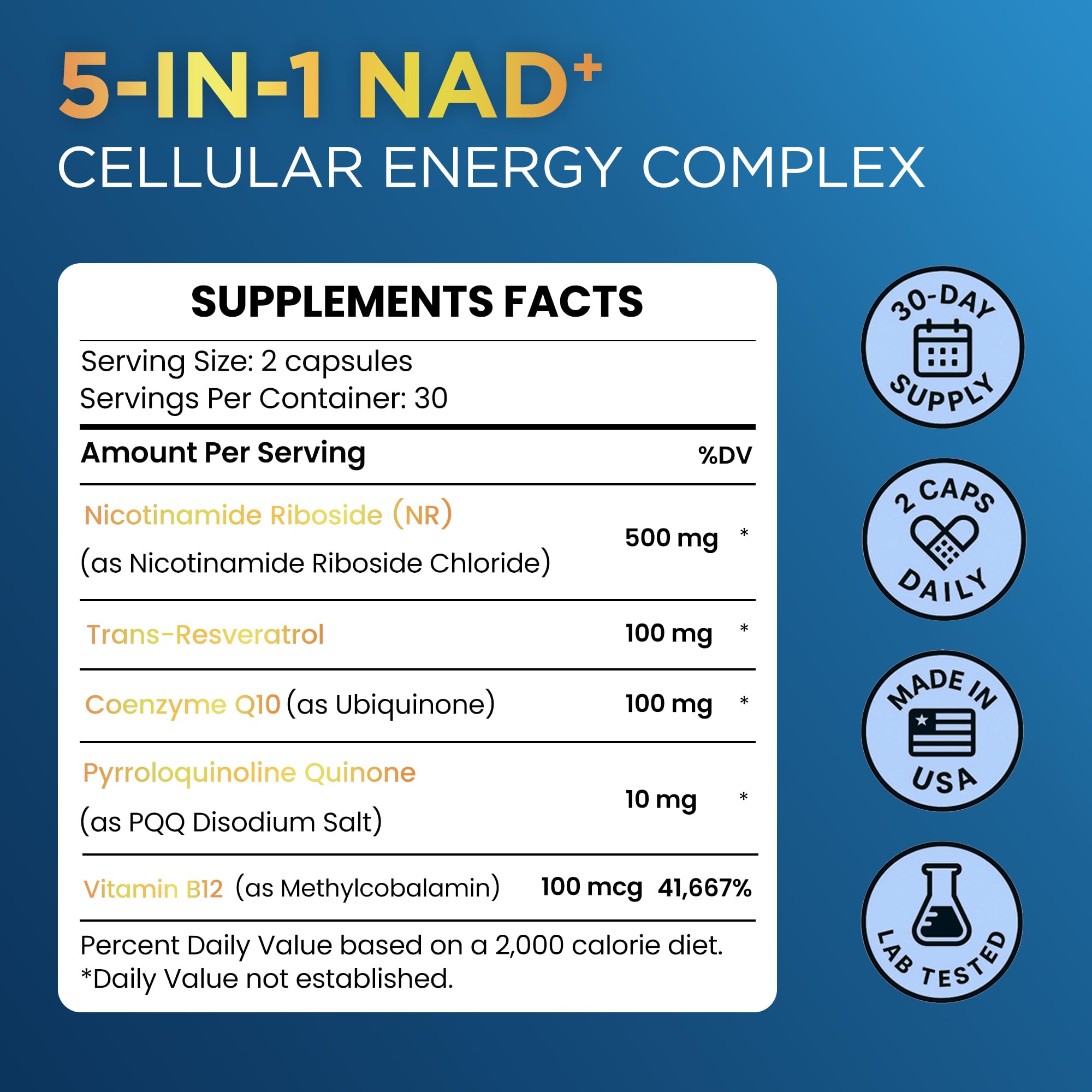 Anyglory NAD+ Supplement with 500mg NR, Resveratrol, CoQ10, PQQ- 5-in-1 NAD Formula |NMN Supplement Alternative|NAD Resveratrol Support Cellular Energy & Healthy Aging-Made in USA-60 Capsules AnygloryAu supplements