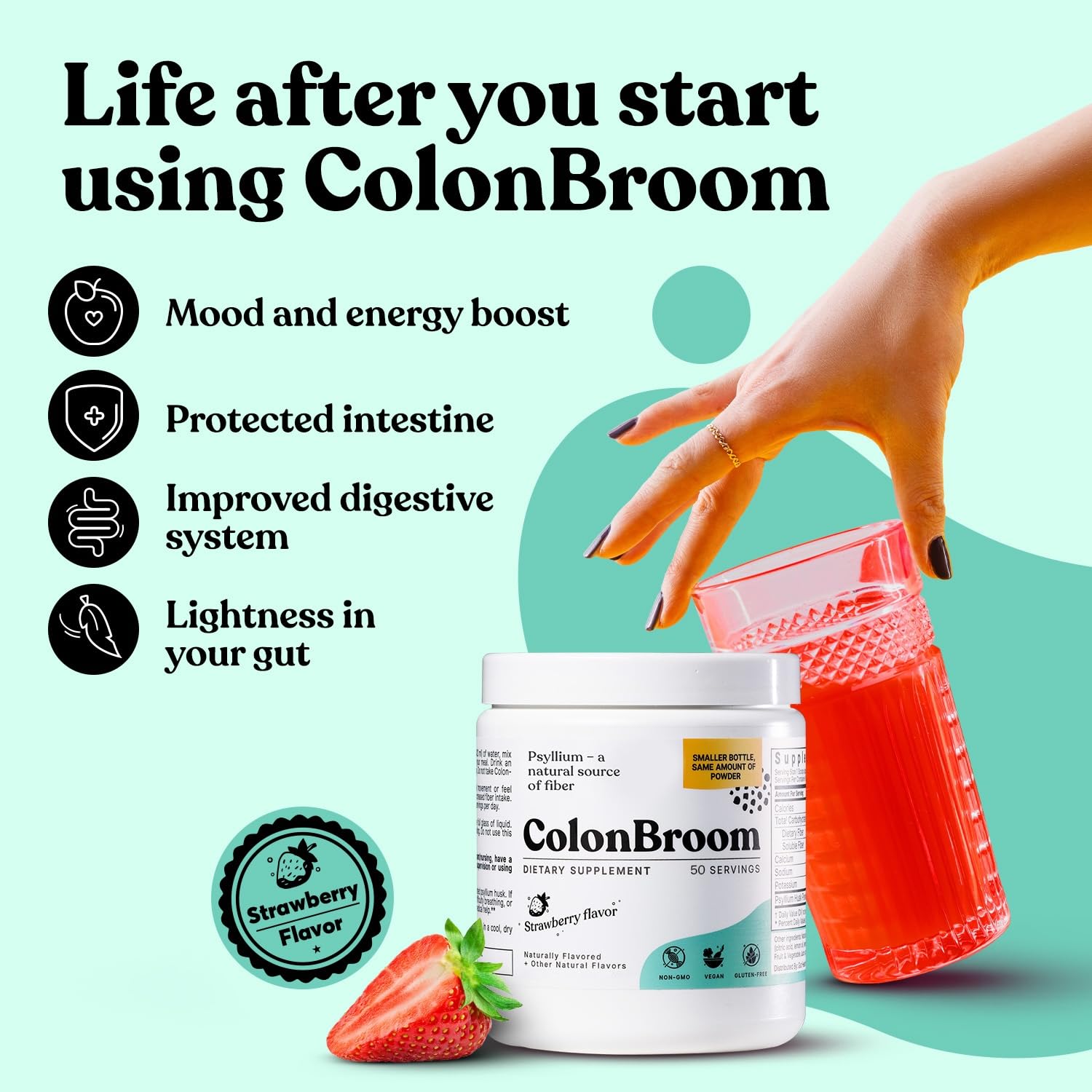 ColonBroom Psyllium Husk Powder (Strawberry) - Colon Cleanse for Bloating Relief & Gut Health - Colon Broom Fiber Powder Drink - Vegan, Gluten Free, Non-GMO Fiber Powder Supplement, 50 Servings ColonBroomAu supplements
