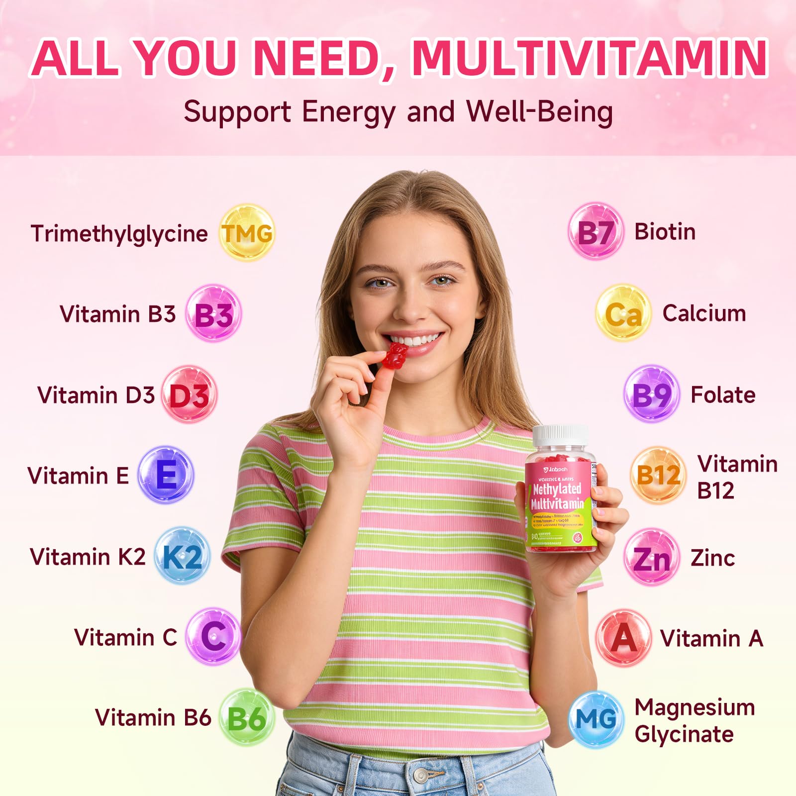 Methylated Vitamin B Complex Gummies for Women & Men, Multivitanins Gummy with Vitamin A, C ,E, Methylfolate & B12, TMG, Calcium, D3 K2 JabsahUS supplements