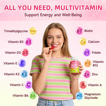 Methylated Vitamin B Complex Gummies for Women & Men, Multivitanins Gummy with Vitamin A, C ,E, Methylfolate & B12, TMG, Calcium, D3 K2 JabsahUS supplements