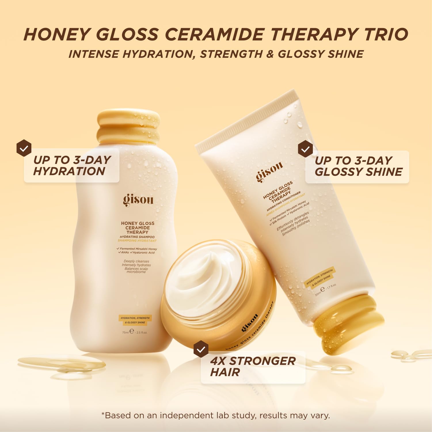 Gisou Honey Gloss Hair Therapy Trio - Mini Shampoo, Hair Mask and Conditioner for smoother, stronger and glossier hair GisouAu supplements