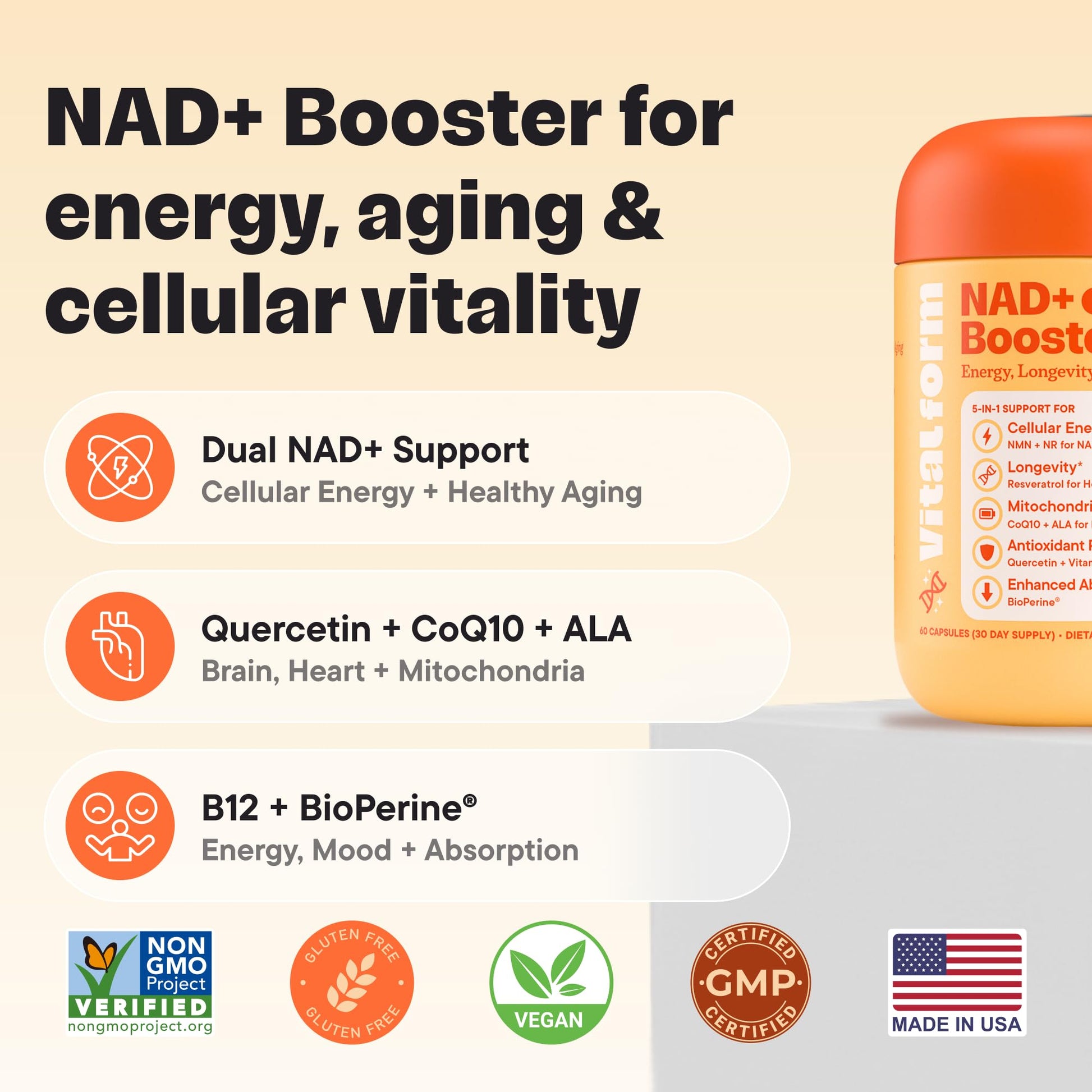 VitalForm NAD+ Supplement with NMN & Nicotinamide Riboside (NR) – Advanced Cellular Energy & Healthy Aging Complex – with Resveratrol, CoQ10, Quercetin & BioPerine – 60 Vegan Capsules VitalFormAu supplements