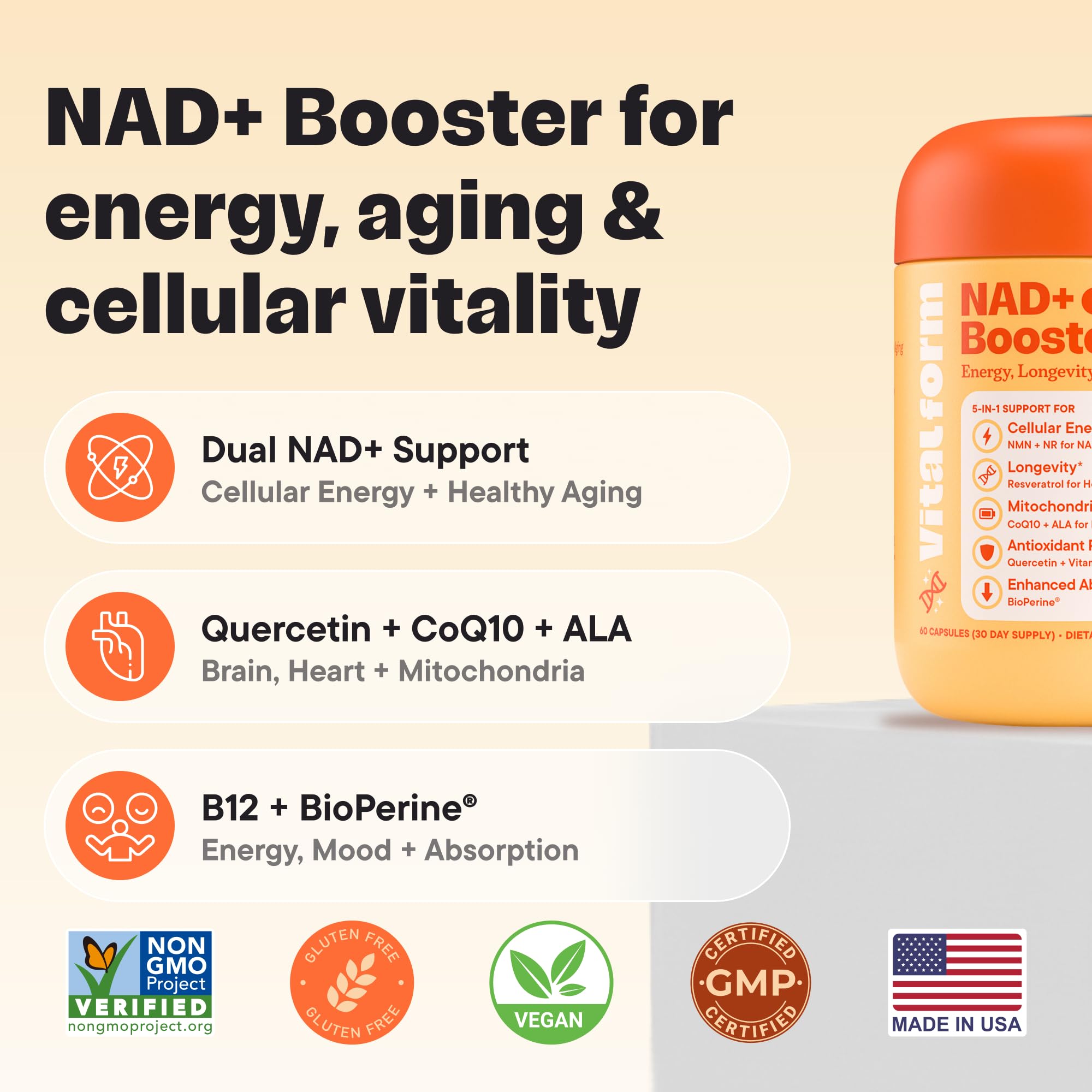 VitalForm NAD+ Supplement with NMN & Nicotinamide Riboside (NR) – Advanced Cellular Energy & Healthy Aging Complex – with Resveratrol, CoQ10, Quercetin & BioPerine – 60 Vegan Capsules VitalFormAu supplements
