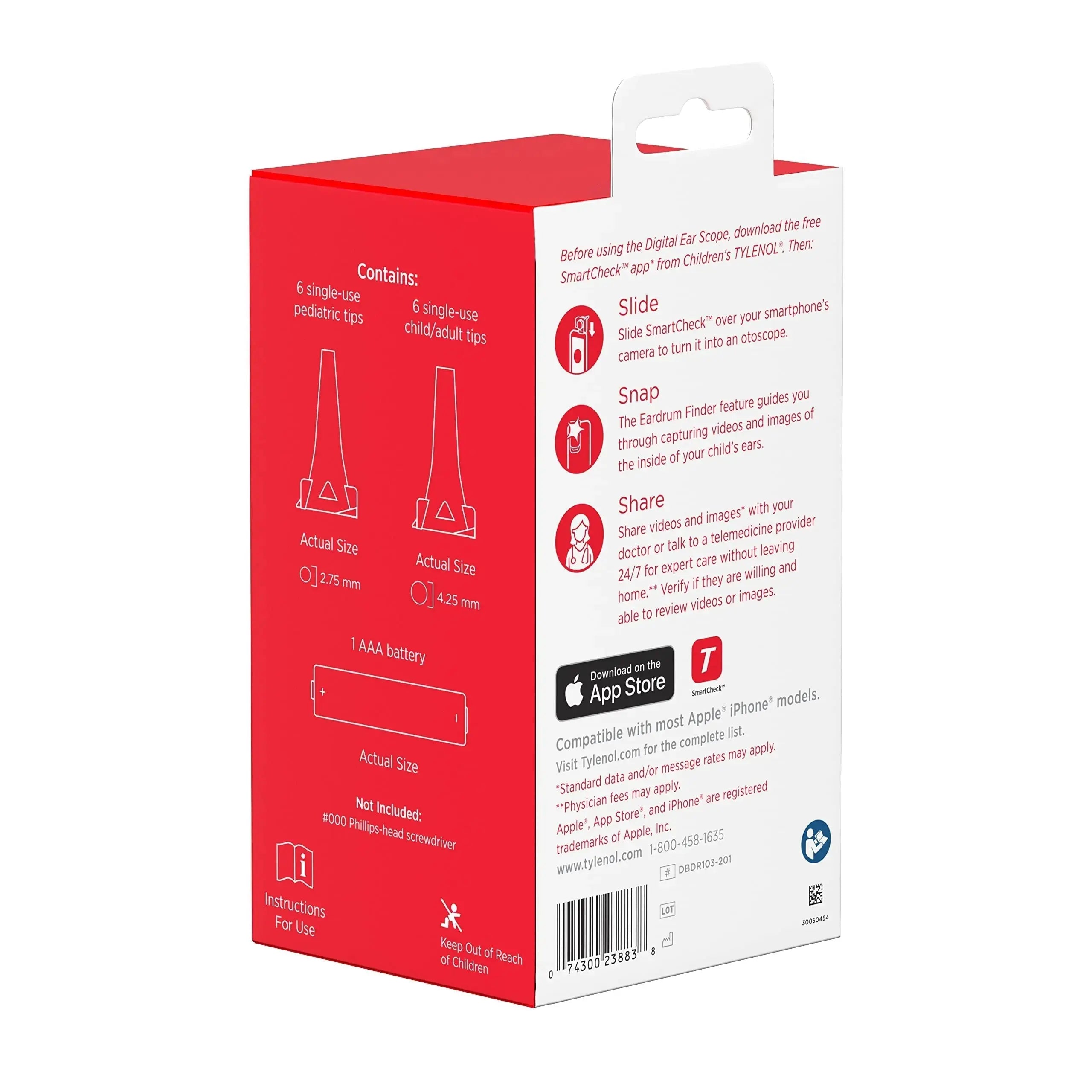 SmartCheck Digital Ear Scope from Children's Tylenol, Otoscope with Light, 1 Otoscope Clamp, 12 Specula Tips + Children's Tylenol Pain + Fever Medicine with Acetaminophen, 8 fl. oz TylenolAu supplements