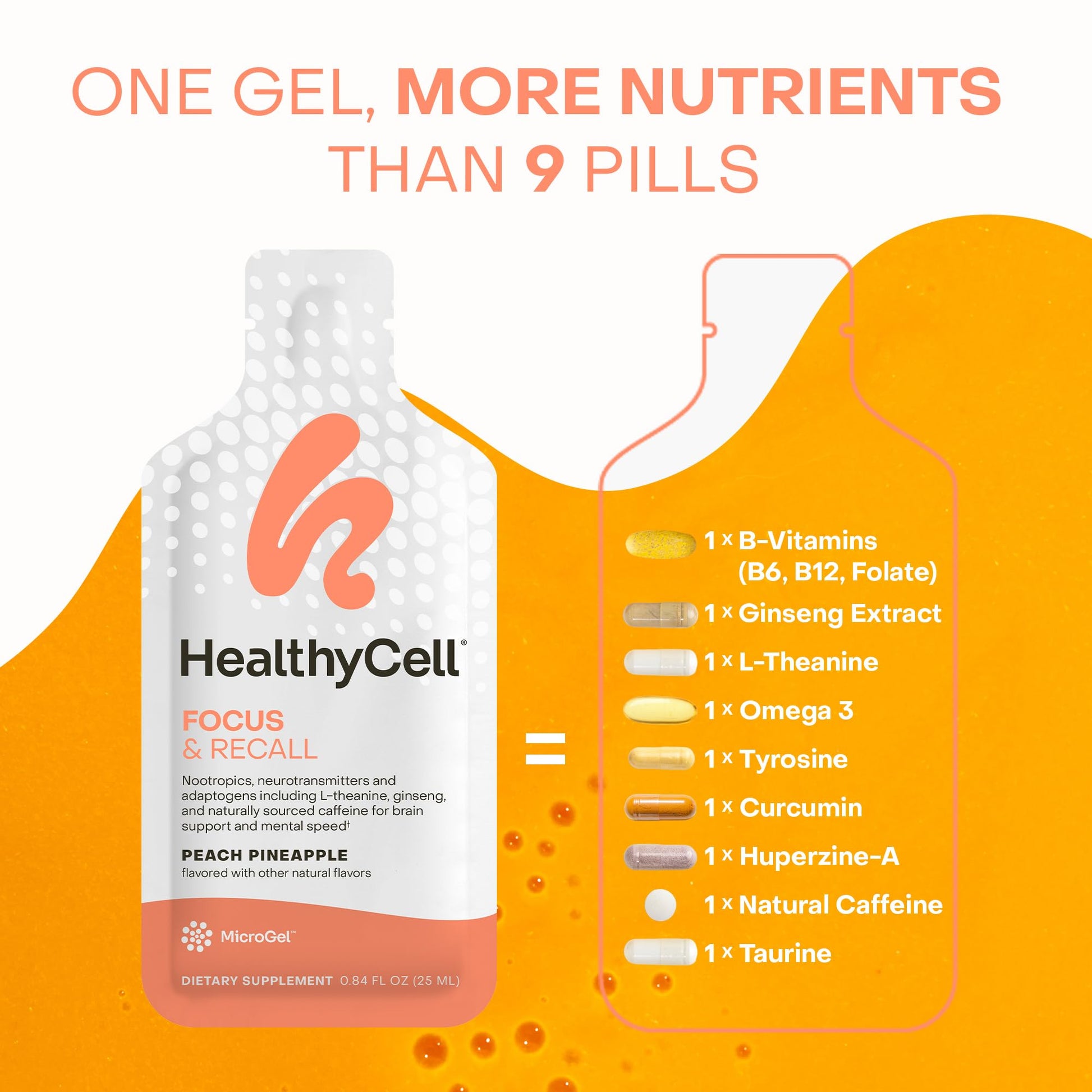 Healthycell Focus & Recall, Daily Liquid Brain Supplement for Focus & Memory - Nootropics Supplement for Concentration & Alertness with L-Theanine, Omega-3 & Taurine - 14 Gel Packs HealthycellAu supplements