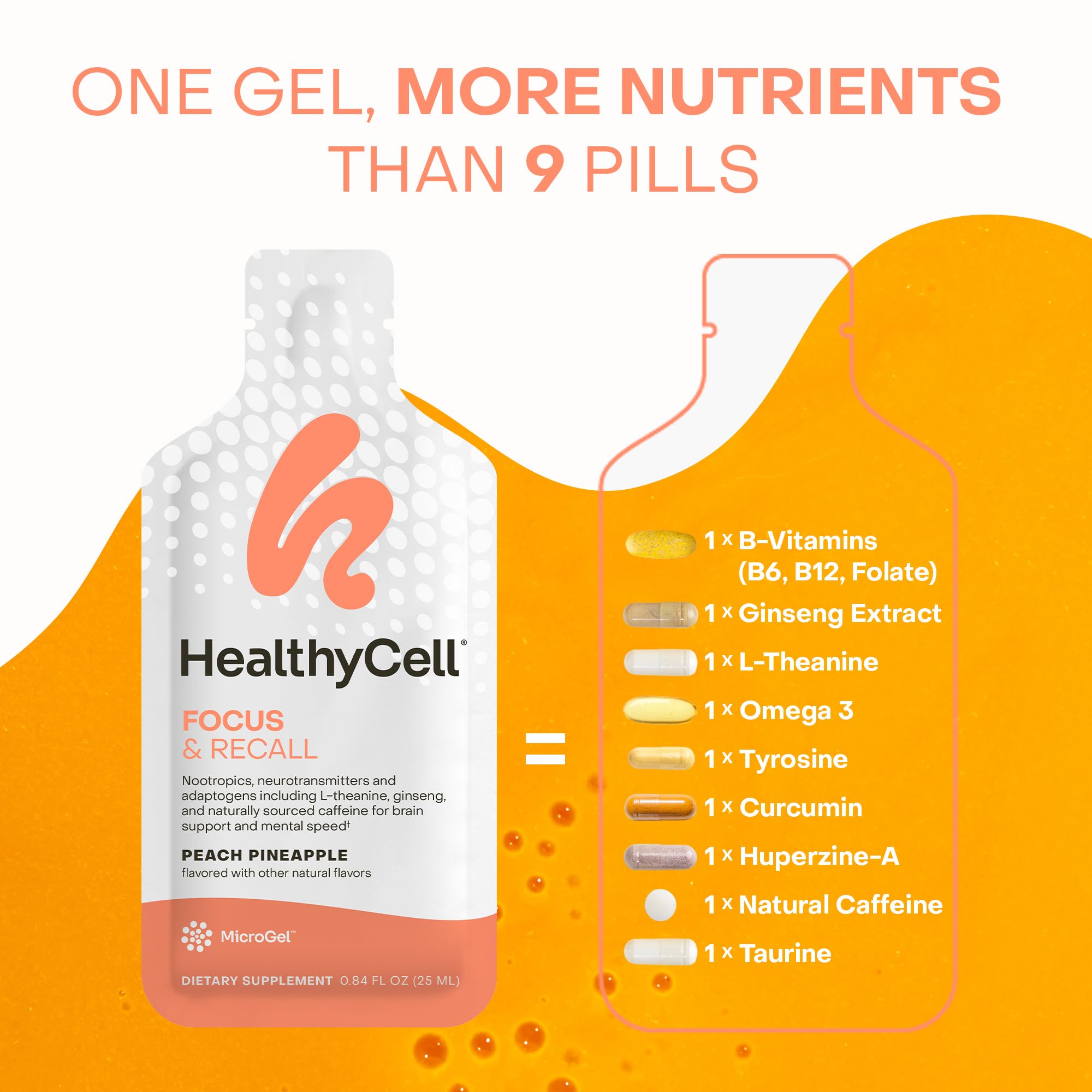 Healthycell Focus & Recall, Daily Liquid Brain Supplement for Focus & Memory - Nootropics Supplement for Concentration & Alertness with L-Theanine, Omega-3 & Taurine - 14 Gel Packs HealthycellAu supplements