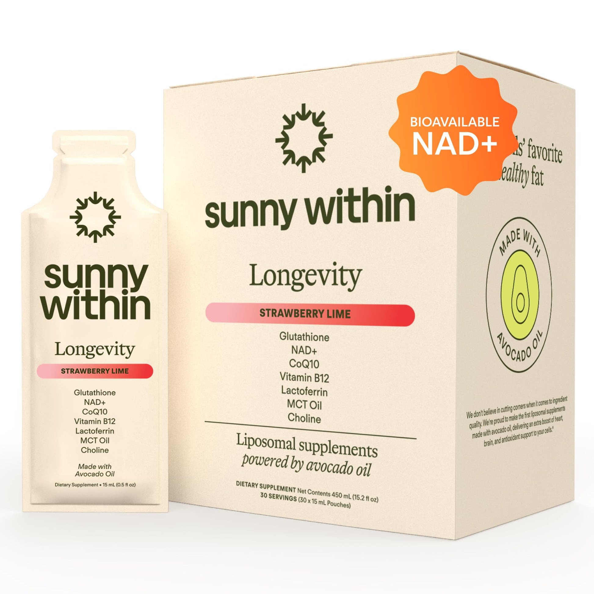 Sunny Within - Liposomal Glutathione Supplement NAD+ Longevity Mix w/Liquid NAD+, CoQ10, B12, MCT & Avocado Oil – Cellular Health, Energy, Brain, Gut & Heart Support* – Strawberry Lime – 30 Pouches Sunny WithinAu supplements