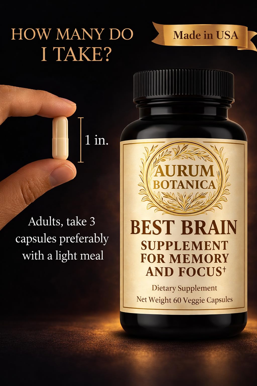AURUM BOTANICA Best Brain Supplement for Memory and Focus - L-Theanine, Lion's Main, Vitamin B6, B12, D3, Folate, L-Tyrosine, Bacopa Monnieri, Alpha GPC, Theacrine, 30mg of Natural Caffeine (60 Count) AURUM BOTANICAAu supplements