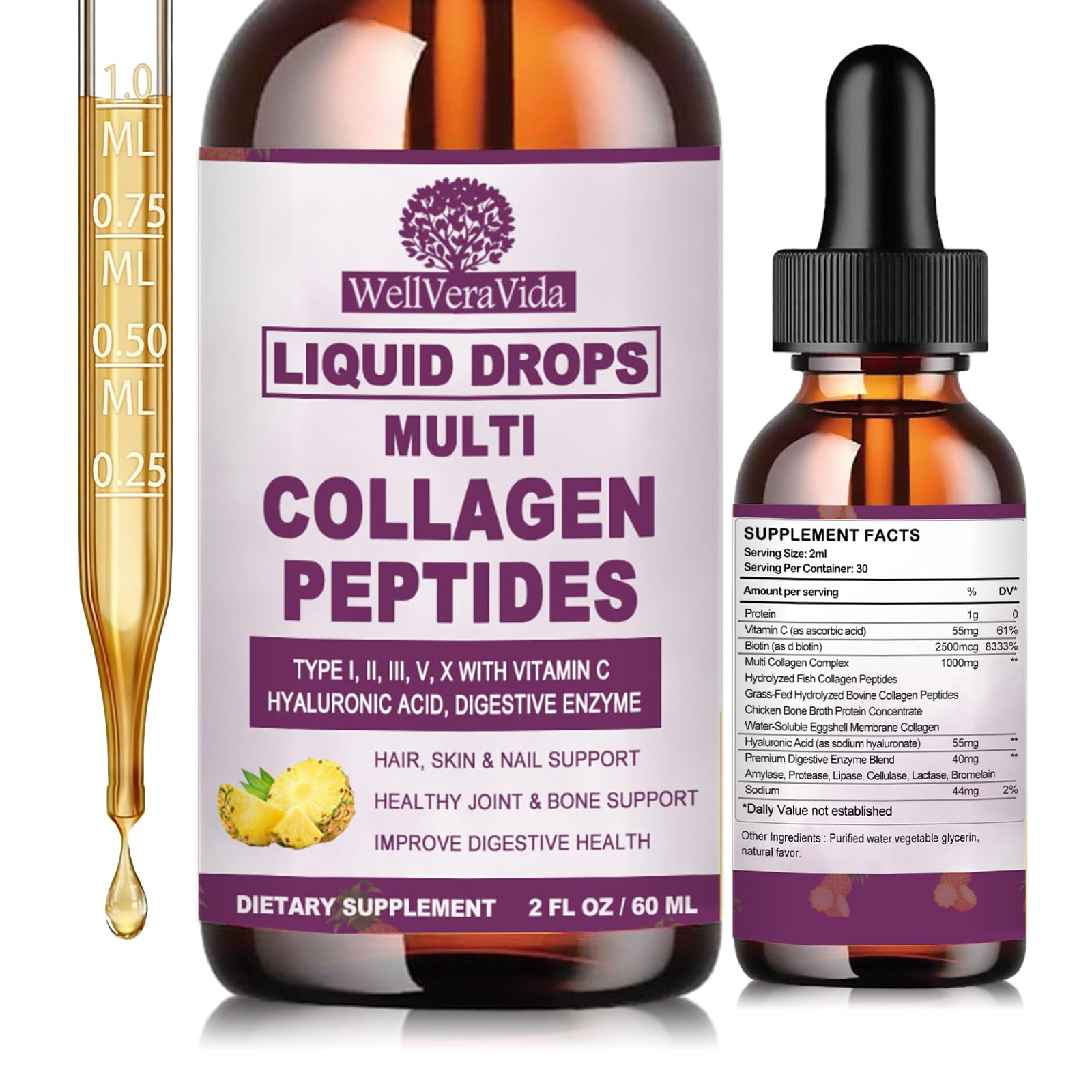 Multi Collagen Peptides Liquid Drops, 2oz – Types I, II, III, V, X, Hydrolyzed Collagen Complex for Hair, Skin, Nails, Bones & Joint Support | Collagen Supplement w. Hyaluronic Acid, Biotin, Vitamin C WellVeraVidaAu supplements