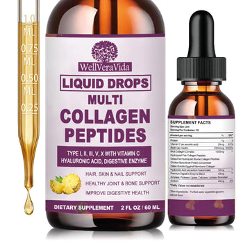 Multi Collagen Peptides Liquid Drops, 2oz – Types I, II, III, V, X, Hydrolyzed Collagen Complex for Hair, Skin, Nails, Bones & Joint Support | Collagen Supplement w. Hyaluronic Acid, Biotin, Vitamin C WellVeraVidaAu supplements