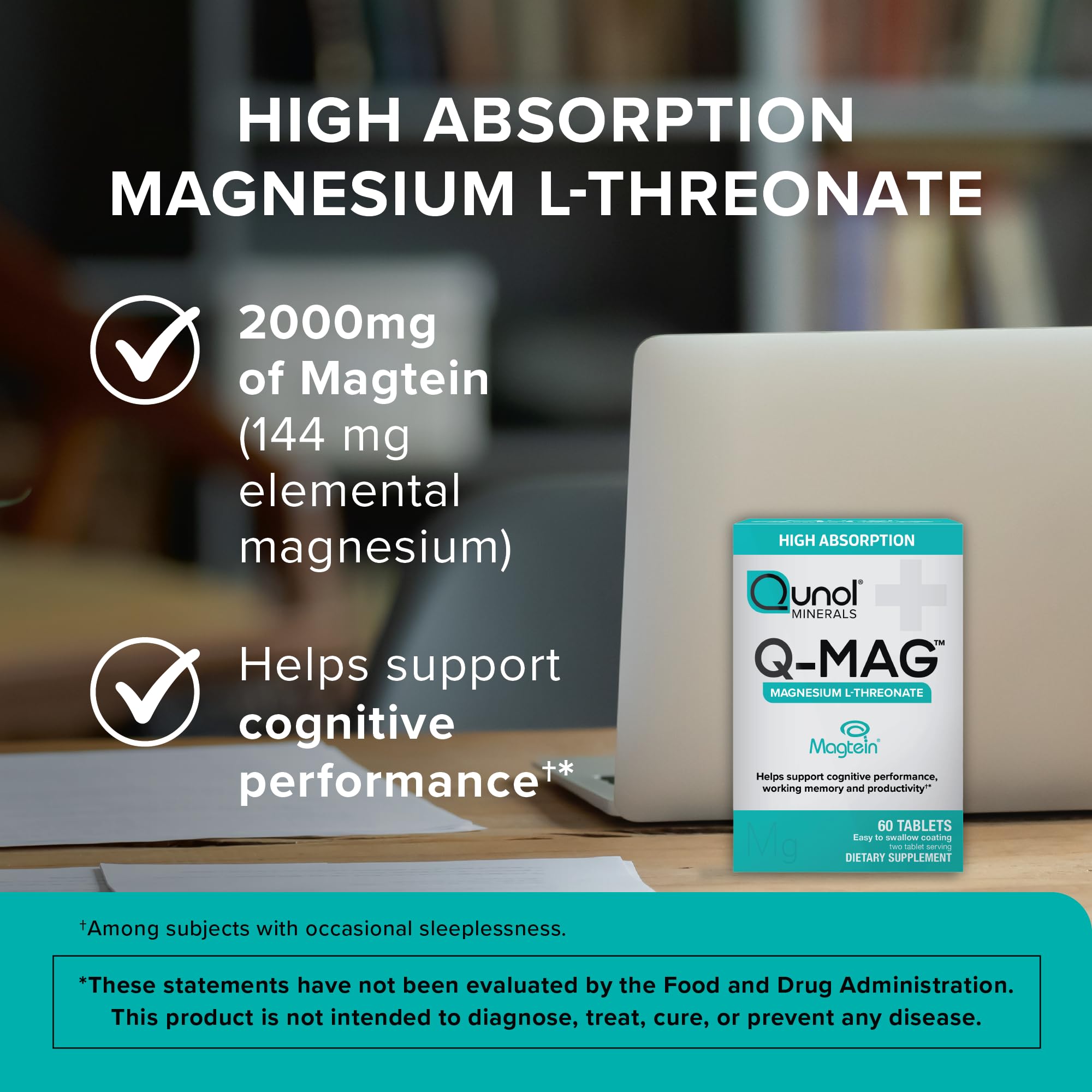 Qunol Q-Mag Magnesium L-Threonate Tablets, 2000mg of Magtein to Help Support Cognitive Performance, Improve Mental Alertness & Productivity, Supports Restful Sleep, High Absorption, 60 Count QunolAu supplements