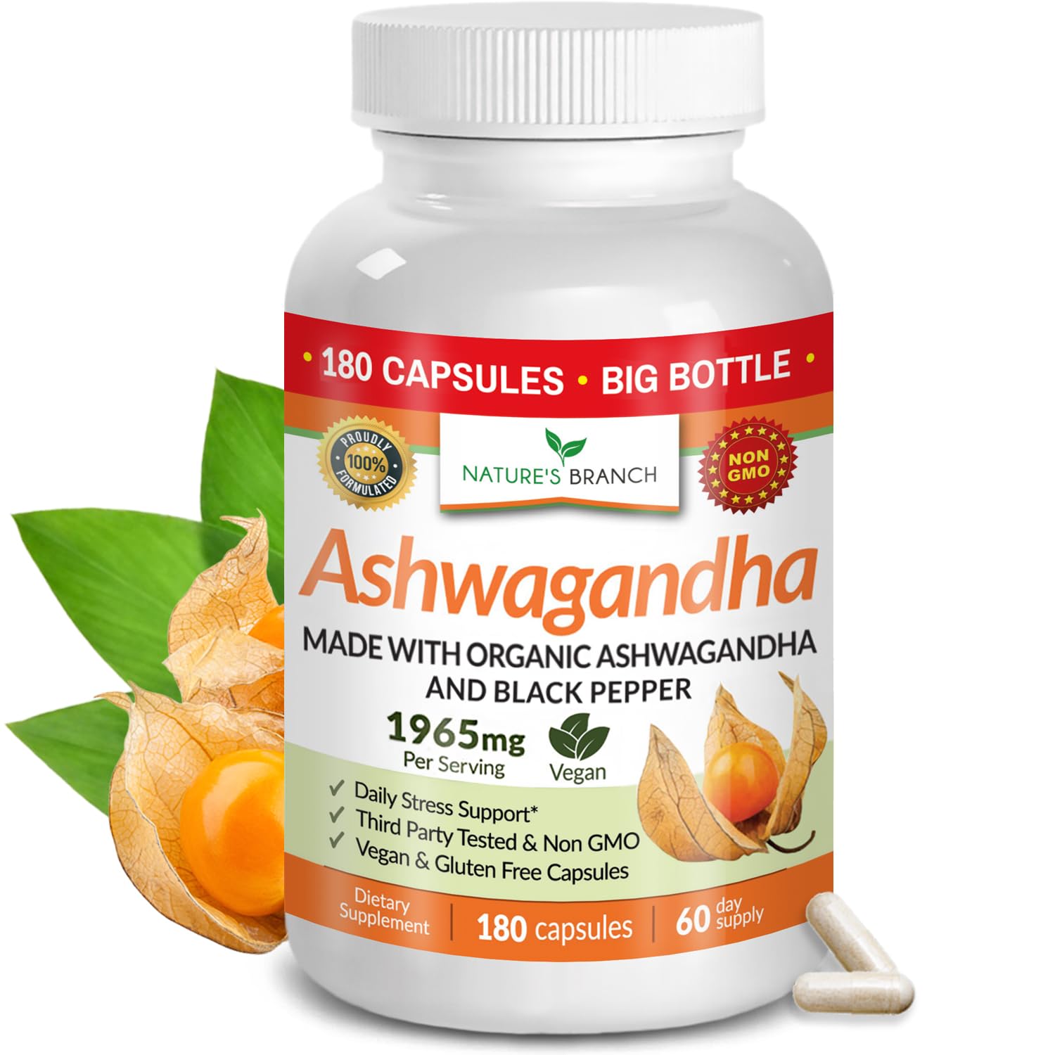 UDAF Certified Organic Ashwagandha with Black Pepper, 1965mg - Extra Strength for Stress, Sleep, Mood, Thyroid, Energy, Hair, Vegan Pure Root Extract Powder Supplement for Men and Women | 180 Capsules NATURE'S BRANCHAu supplements