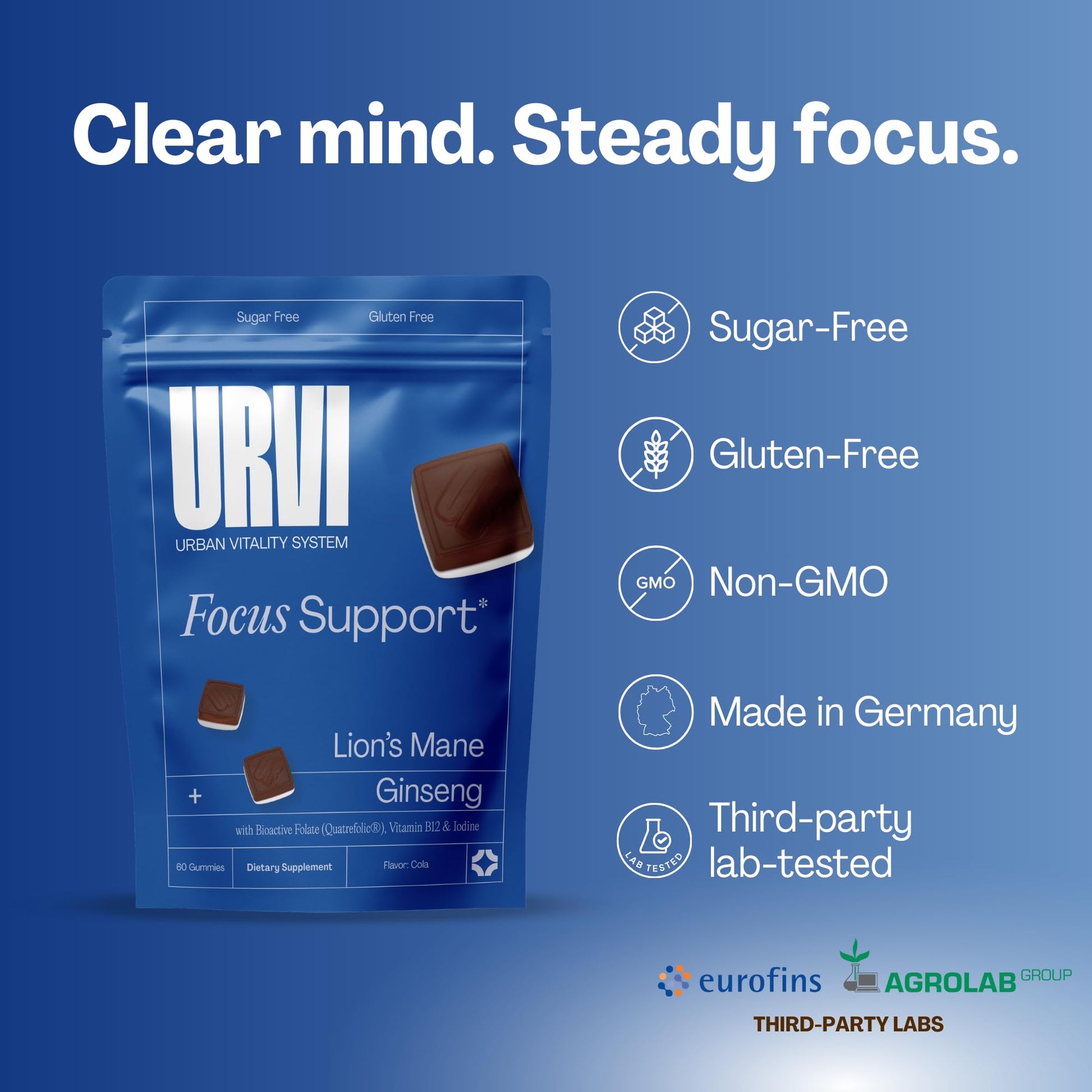URVI 1500mg Lion's Mane Gummies with Ginseng, Folate 5-MTHF, B12 & Iodine – Focus Nootropic Brain Supplement Boosts Memory, Focus & Energy – Sugar-Free – Cola Flavor – 60 Count URVIAu supplements