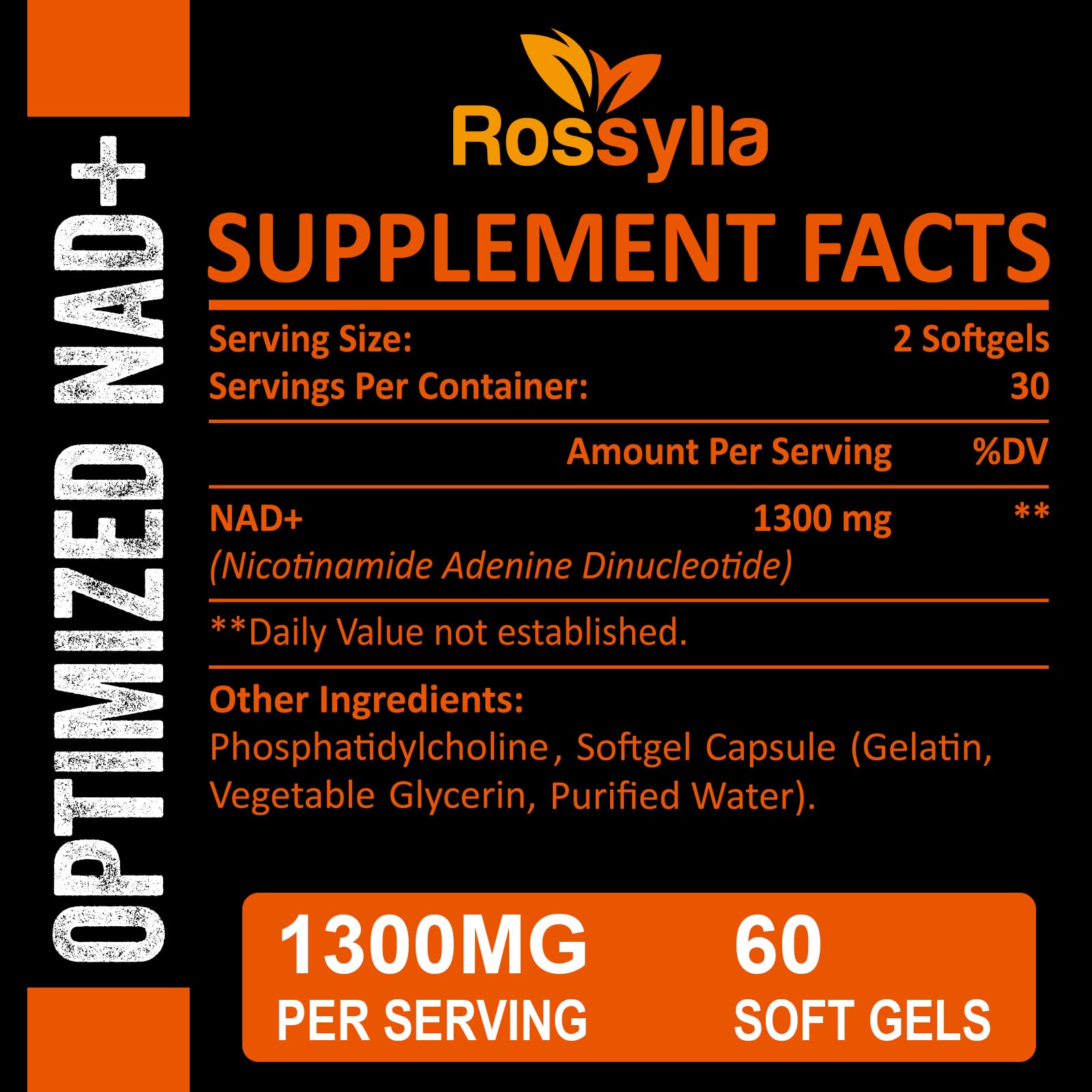 Rossylla 1300 MG Liposomal NAD+ Supplement | Highest Absorption | Purest NAD Supplemet to Boost NAD+ Effetively | Boosting NAD+ Supplement for Aging Defese, Cellular Energy, Longevity | 60 Count RossyllaAu supplements