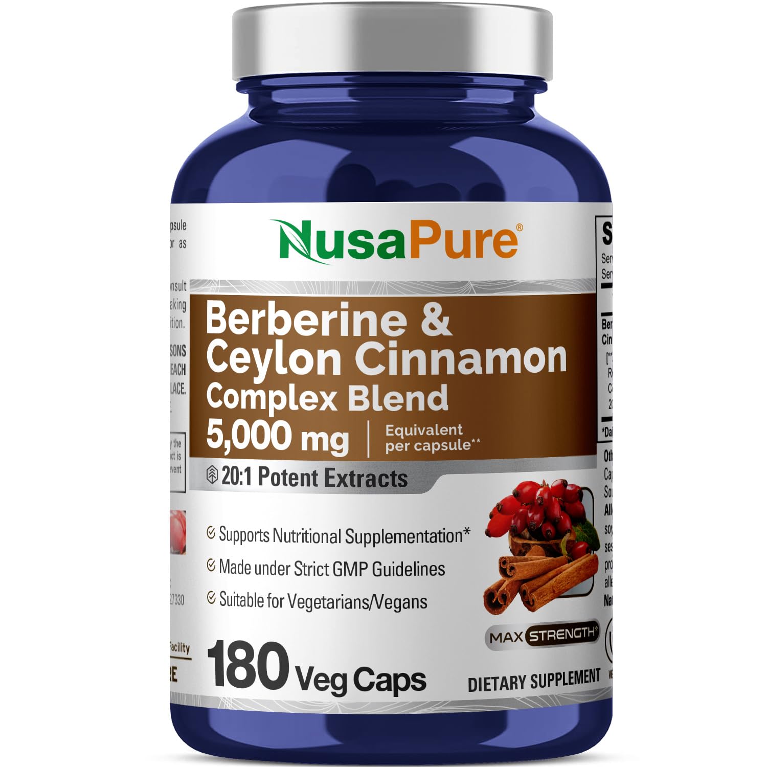 NusaPure Berberine with Ceylon Cinnamon 20:1 Extract, 250 mg Equivalent to 5000mg 180 Veggie Capsules, Vegetarian, Non-GMO Supplement, (Berberine Complex) NusaPureAu supplements