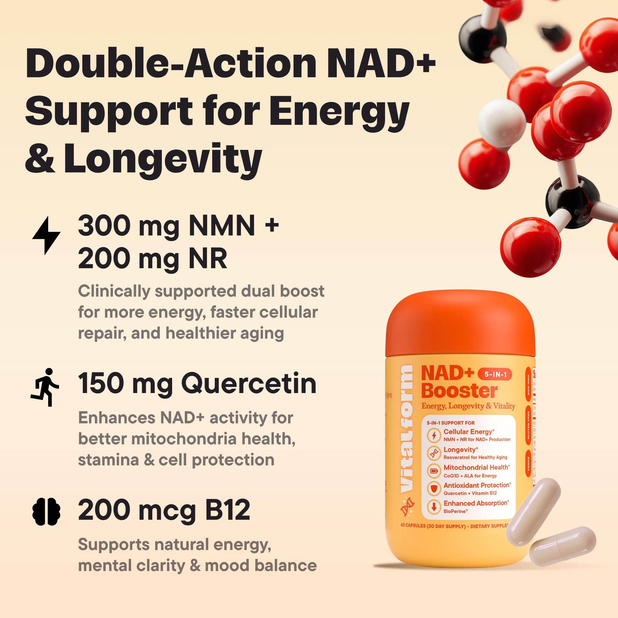 VitalForm NAD+ Supplement with NMN & Nicotinamide Riboside (NR) – Advanced Cellular Energy & Healthy Aging Complex – with Resveratrol, CoQ10, Quercetin & BioPerine – 60 Vegan Capsules VitalFormAu supplements