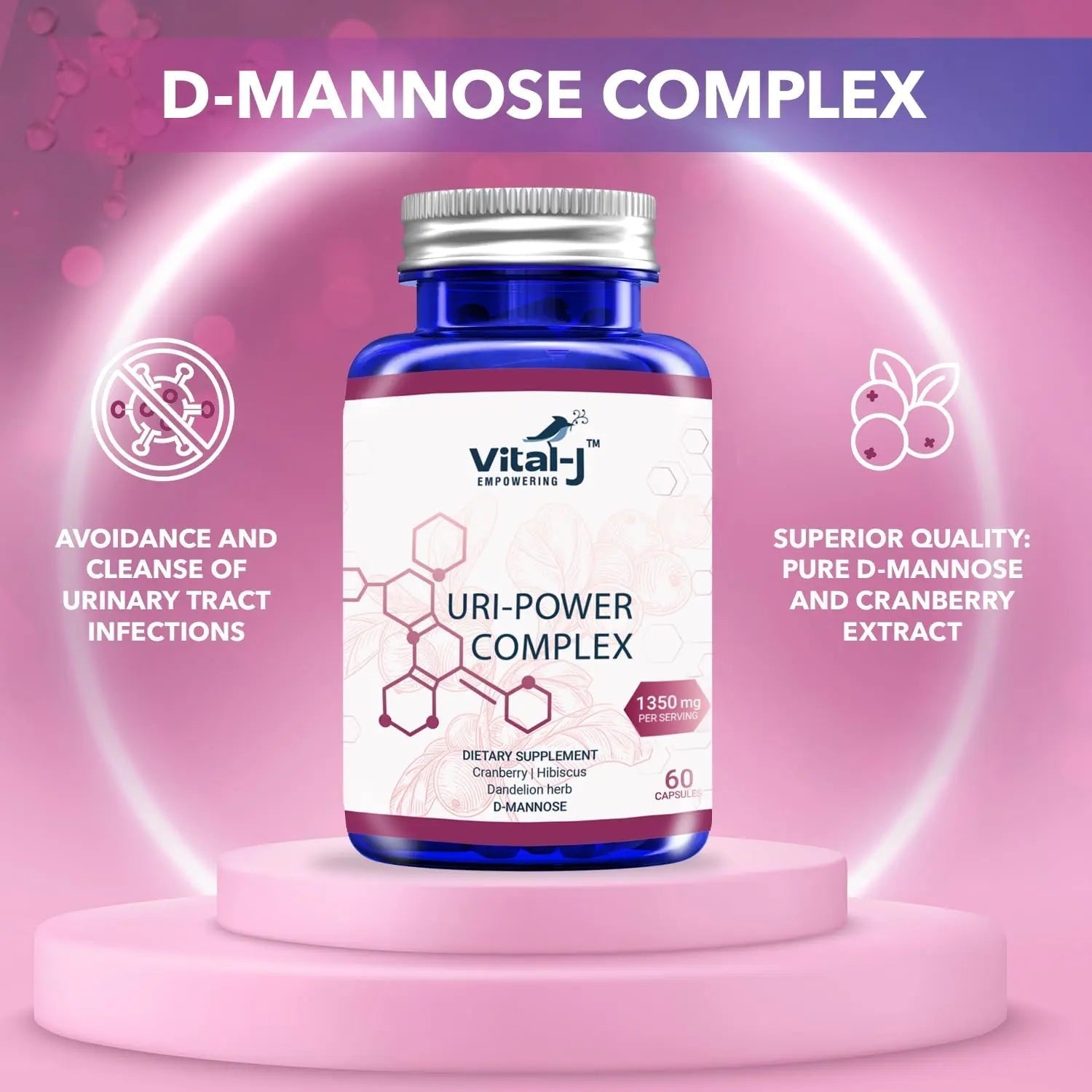 4-IN-1 URI POWER COMPLEX 1350mg - D Mannose, Cranberry, Hibiscus, and Dandelion Herb - Naturally Cleanse the Bladder and Urinary Tract 60 capsules – Specialized Approach for UTI Avoidance Vital-J EmpoweringAu supplements