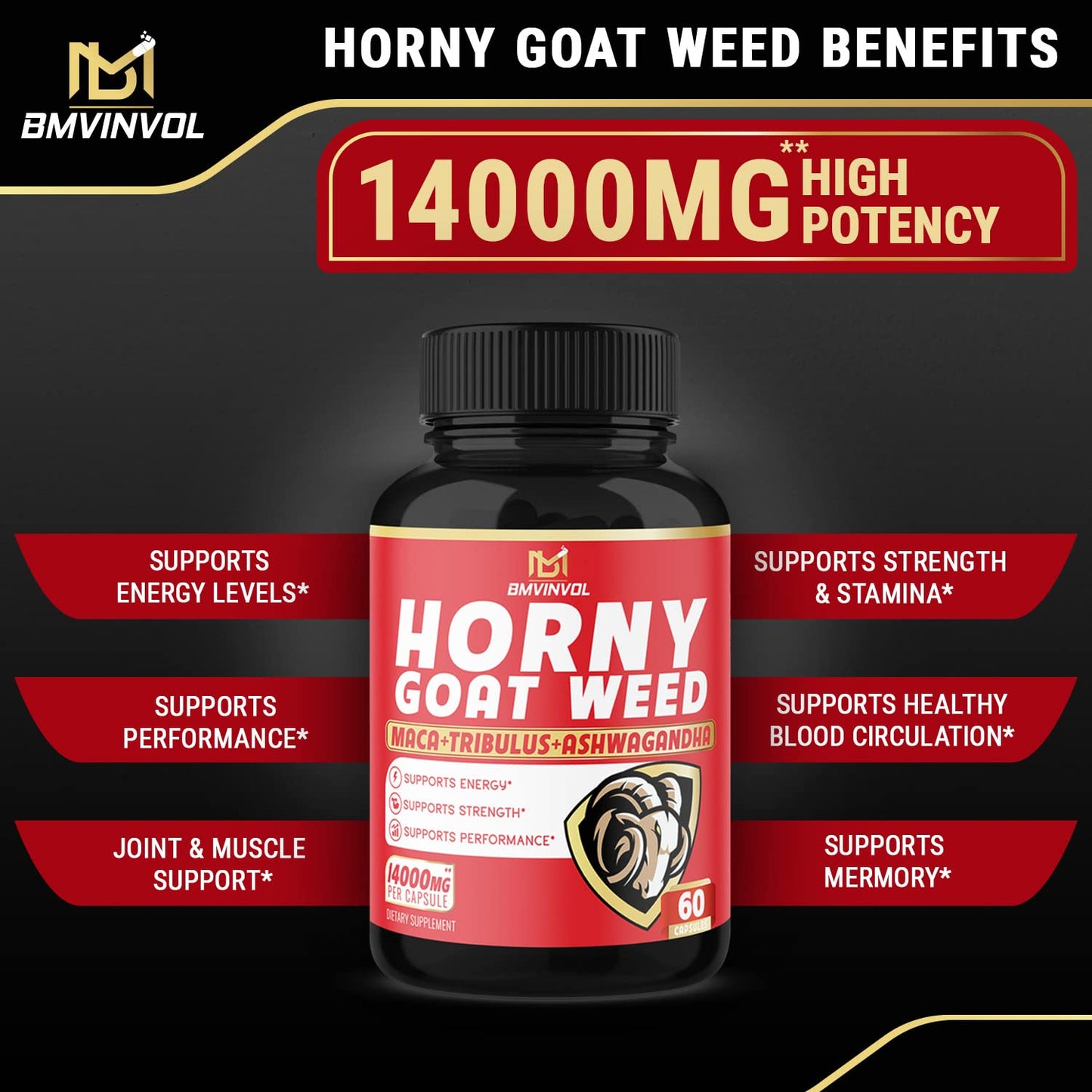 BMVINVOL Horny Goat Weed Capsules, Boost Energy,14000mg Herbal BMVINVOLUS supplements