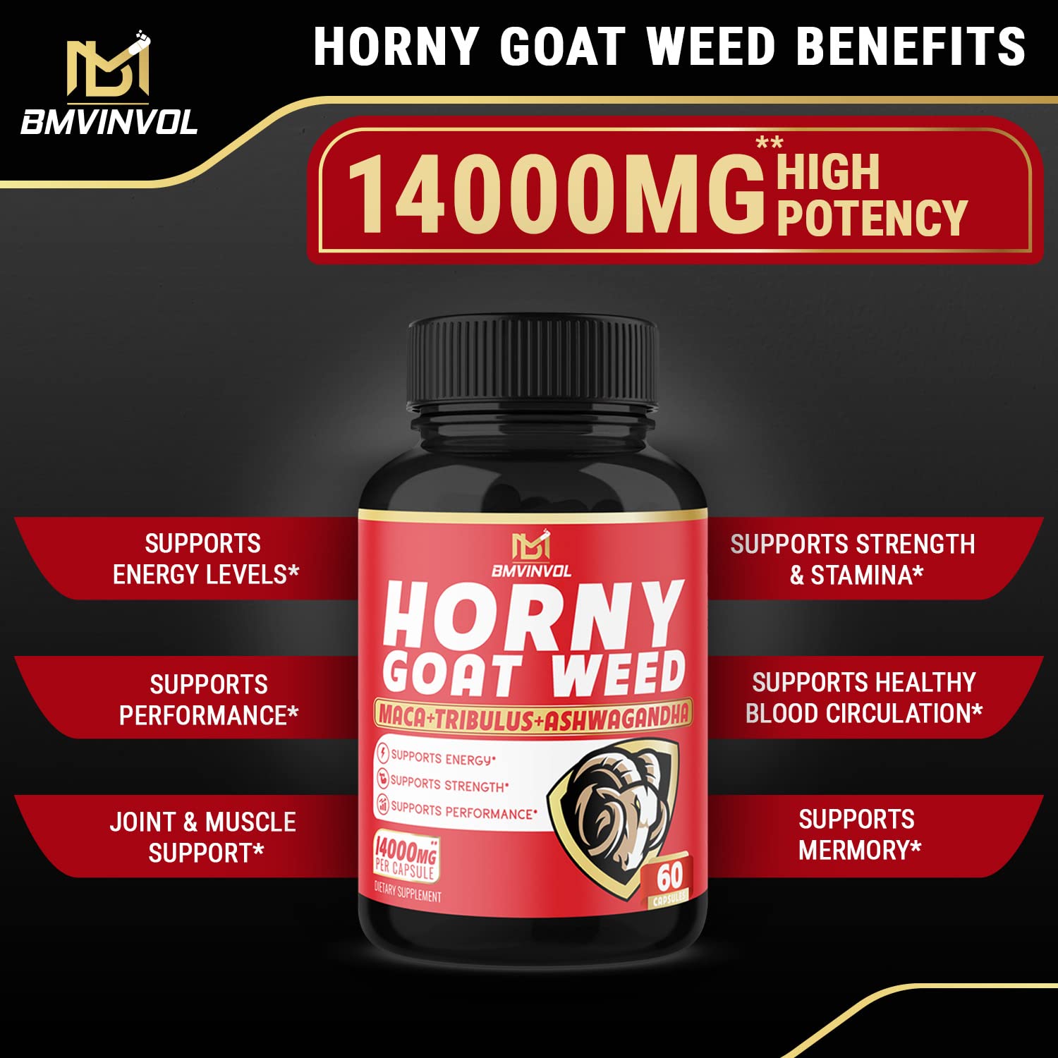 BMVINVOL Horny Goat Weed Capsules, Boost Energy,14000mg Herbal BMVINVOLUS supplements