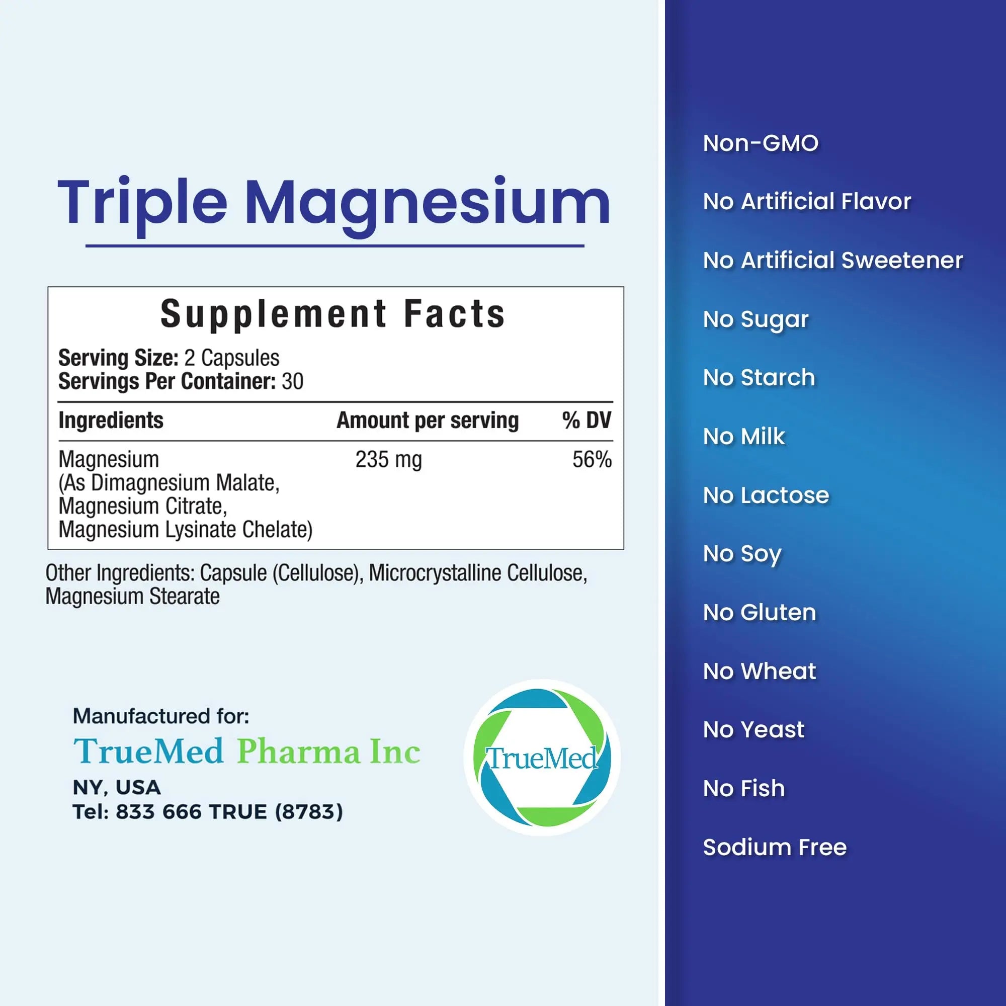 Truemed Triple Magnesium Complex Supplement 235mg with Magnesium Citrate, Malate & Lysinate Chelate | Magnesium Supplement for Sleep, Muscle Relaxation, Energy & Nerve Support | 60 Capsules, USA Made TRUEMEDnz supplements