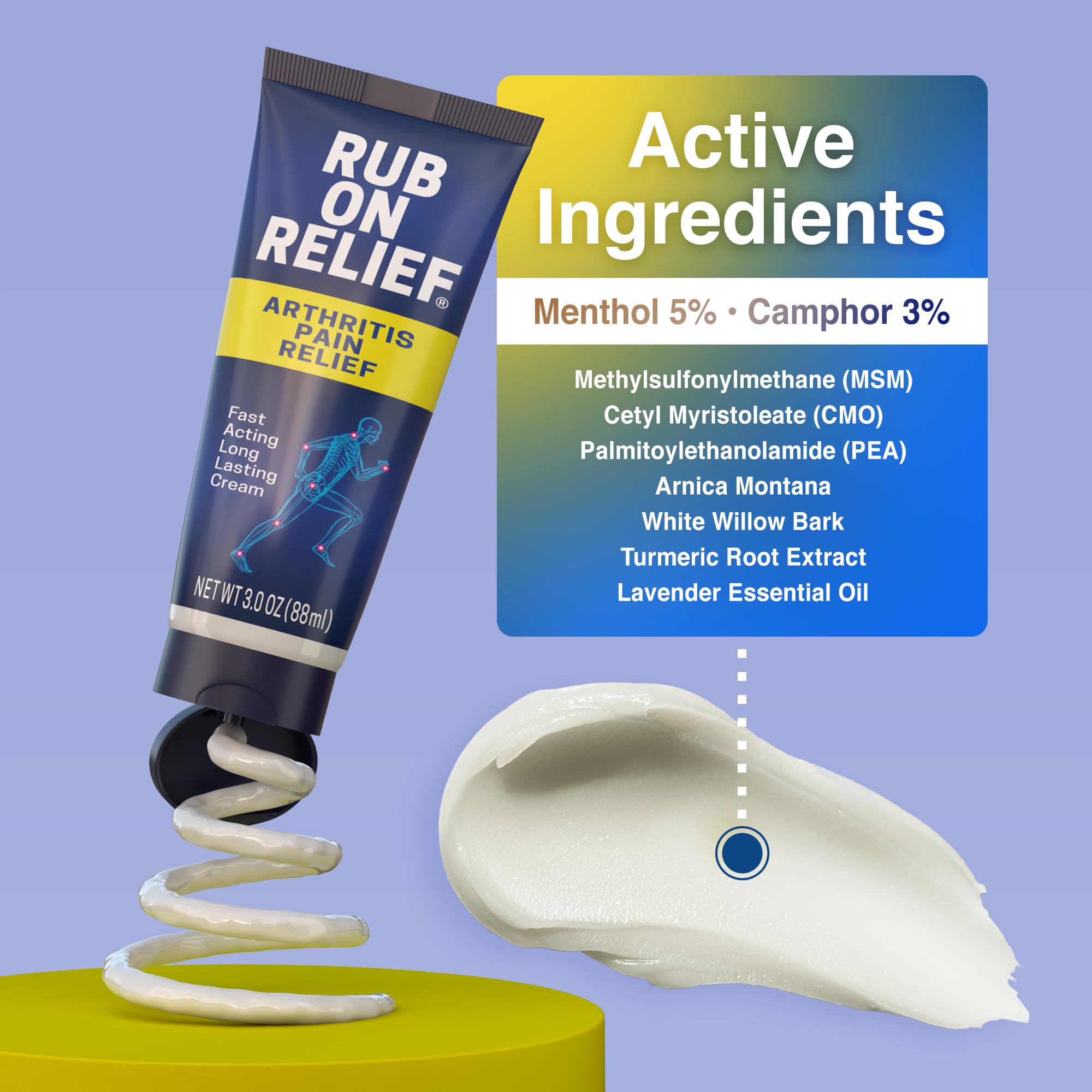 RUB ON RELIEF Arthritis Pain Relief Cream – 10-in-1 Non-Greasy Joints Pain Cream for Knees, Back, Neck, Hands, & Muscle Aches with Menthol, Camphor, Arnica, MSM & Turmeric Up to 8 Hours, 3oz (3 Pack) RUB ON RELIEFAu supplements