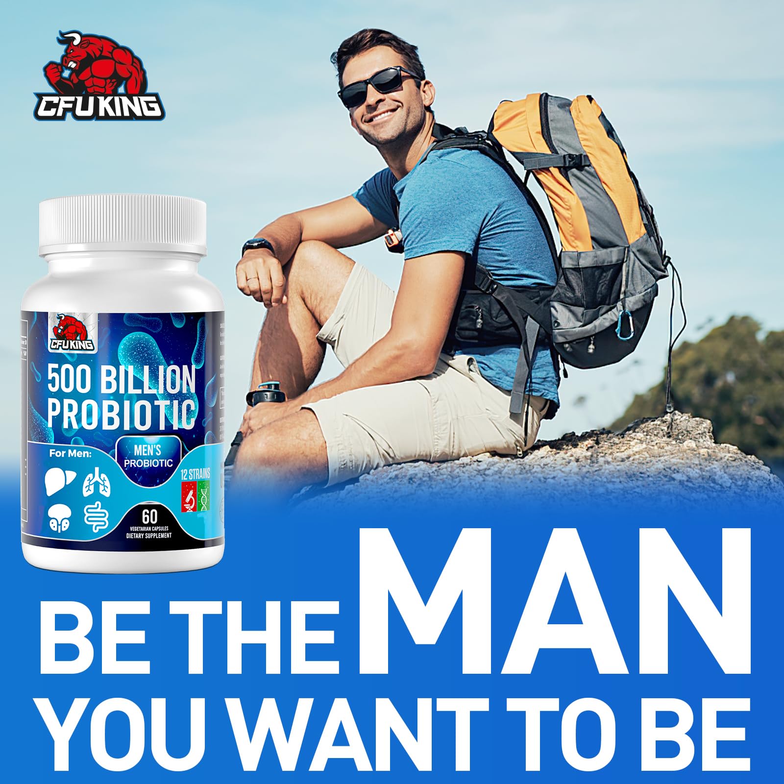 Probiotics for Men, 500 Billion CFU & 12 Mens Probiotic for Digestive Health + 4 Organic Prebiotic Fiber, for Digestive, Gut, Immune Health, Bloating, Gas, Energy Support, Shelf Stable - 120 Capsules CFUKINGAu supplements