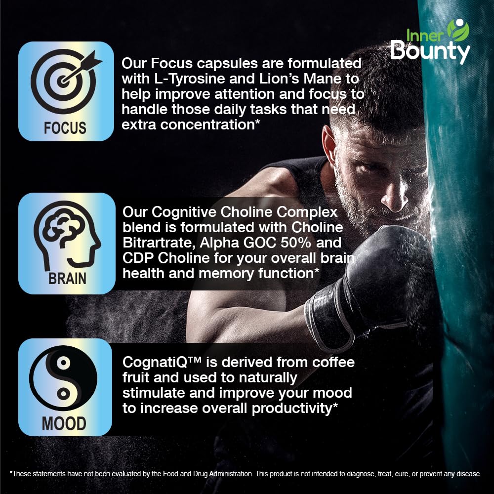 Inner Bounty Focus 14-in-1 Nootropic Brain Supplement with Lions Mane, Alpha GPC Choline, Vitamin C & B12, Taurine, Bacopa - Energy, Cognitive, Memory Support, 60 Filler Free Capsules Inner BountyAu supplements