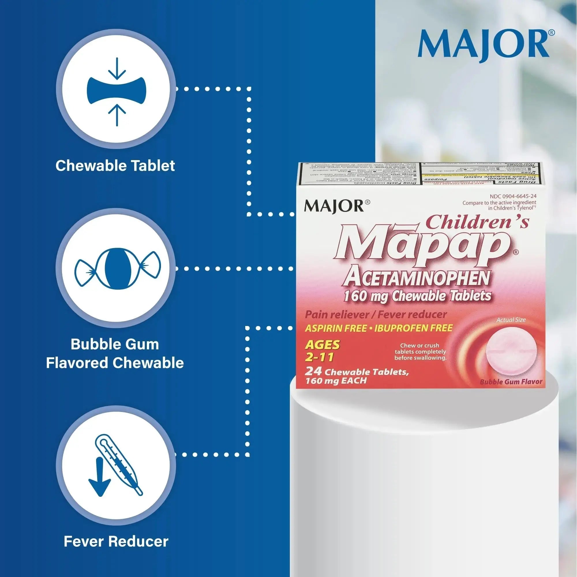 MAJOR Children’s Mapap Acetaminophen 160 mg Chewable Tablets - Pain Reliever/Fever Reducer - Aspirin Free - Ibuprofen Free - for Ages 2 to 11-24 Count (3 Pack) MAJORAu supplements
