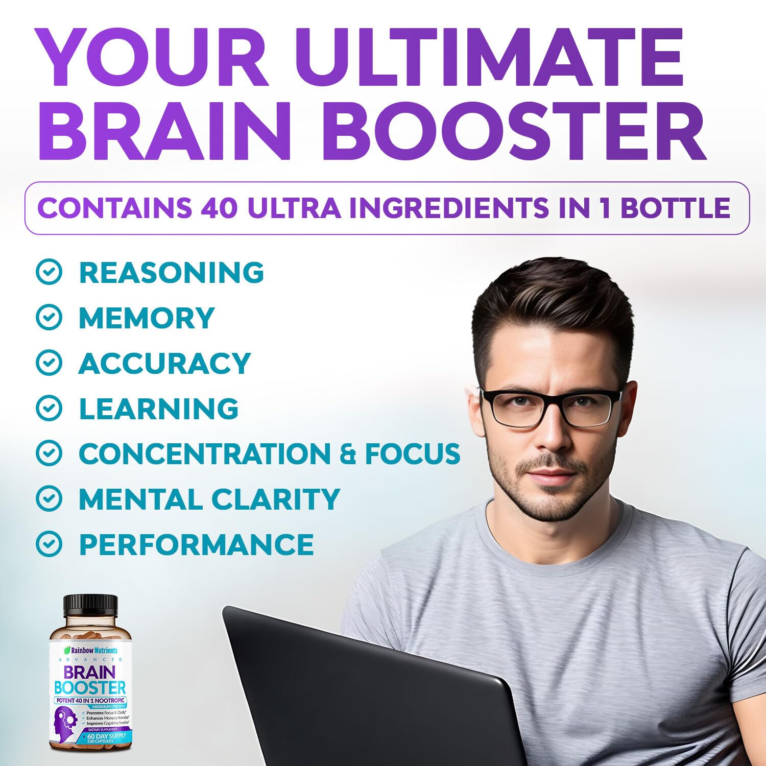 40-in-1 Brain Booster Supplements for Memory, Focus, Clarity, Energy, Performance Rainbow Nutrients, LLCUS supplements