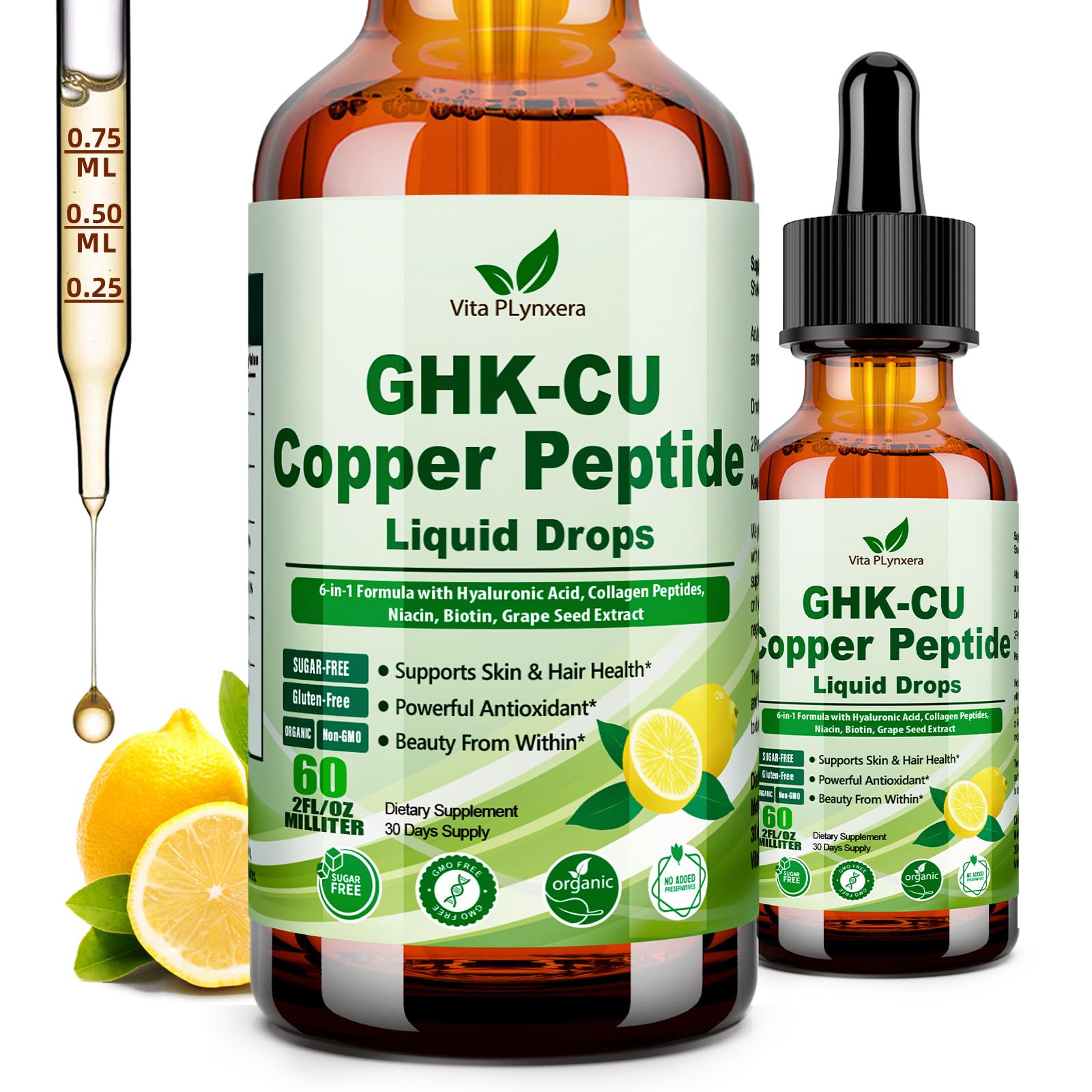 Vita PLynxera GHK-CU Peptide Supplement Liquid Drops, Premium 6-in-1 GHK CU Copper Peptides w. Marine Collagen Hyaluronic Acid Biotin for Anti-Aging, Skin Hair Growth Support, Oral Drops丨Women Men Vita PLynxeraAu supplements