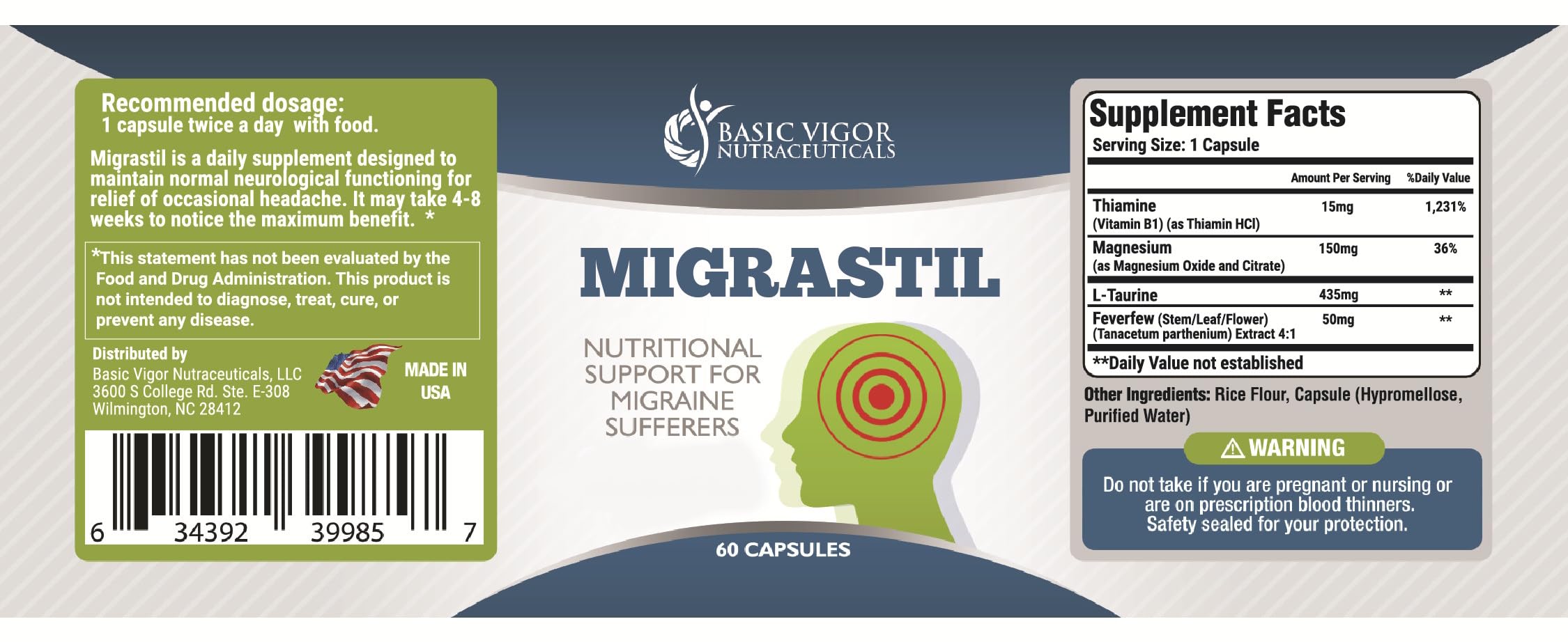 Basic Vigor Migrastil Migraine Support Capsules. Feverfew, Magnesium, Taurine & Vitamin B1 for Migraines Natural Supplement. Made in The USA. Vegan and Gluten Free. Basic VigorAu supplements