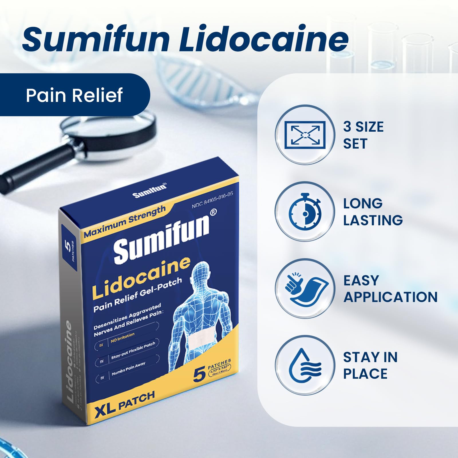 Sumifun XL Lidocaine Patches for Pain Relief, 4% Lidocaine Maximum Strength OTC, Extra Large 4.72"x7.87" for Full Back Pain Patches & Large Areas, 5 Count SumifunAu supplements