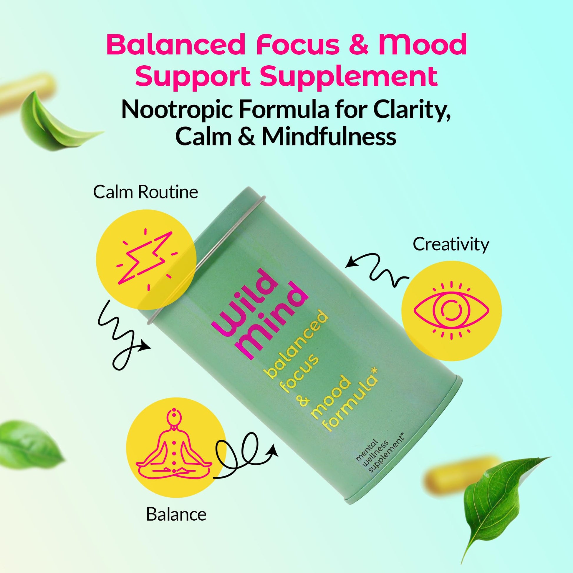 Wild Mind Mental Clarity Balanced Focus & Mood Support Supplement for Mental Wellness– 4-Ingredient Nootropic Brain Support for Calm & Energy – Vegan, 90 Capsules, 30-Day Supply Wild MindAu supplements