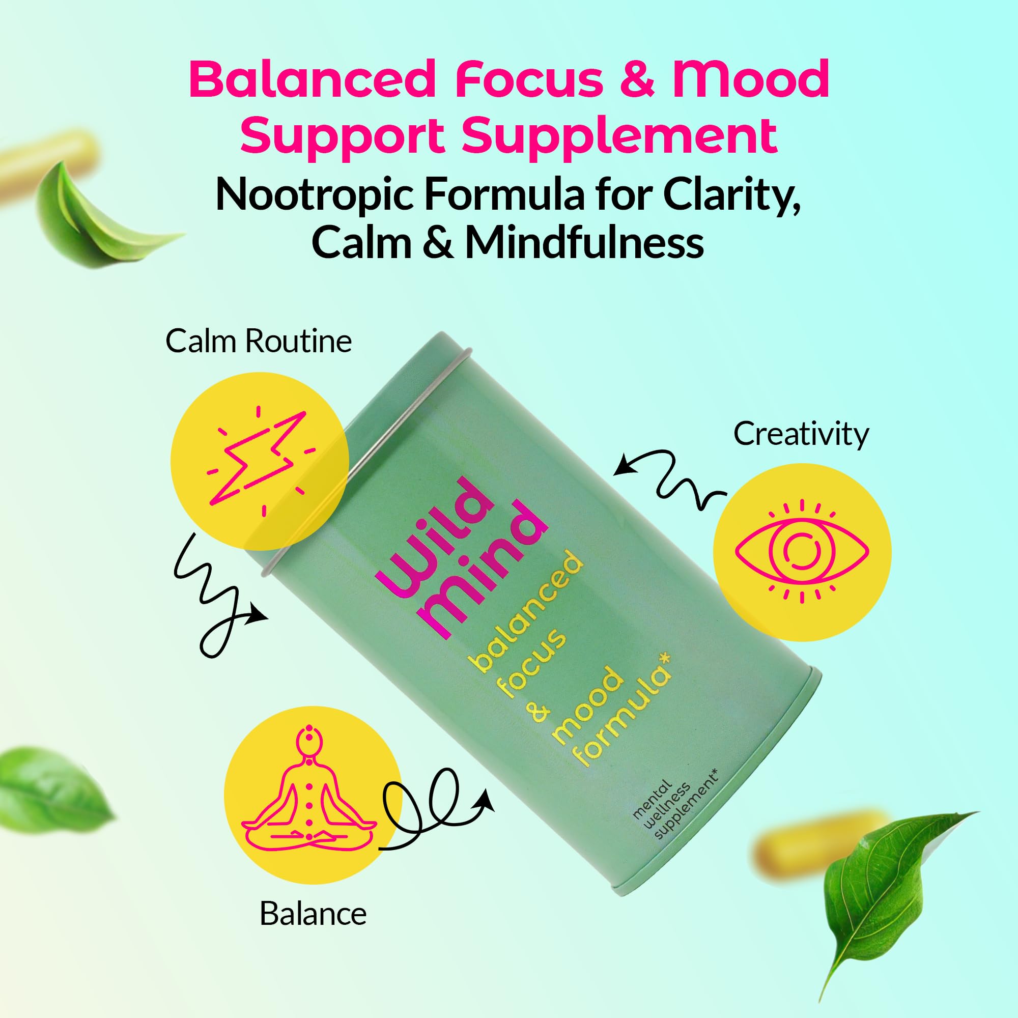 Wild Mind Mental Clarity Balanced Focus & Mood Support Supplement for Mental Wellness– 4-Ingredient Nootropic Brain Support for Calm & Energy – Vegan, 90 Capsules, 30-Day Supply Wild MindAu supplements