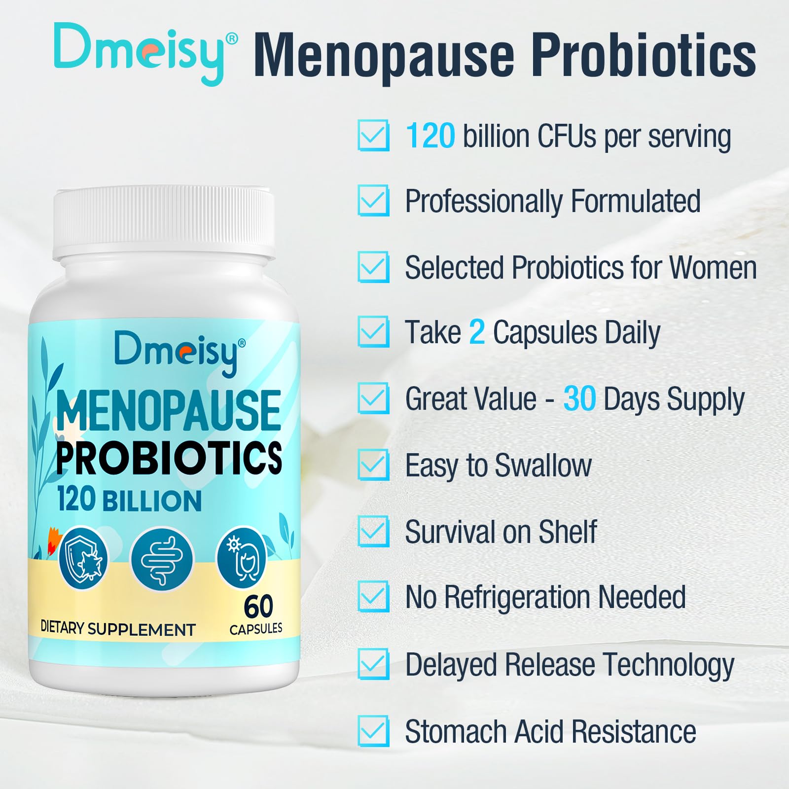 Menopause Supplements for Women, 120 Billion CFU Probiotic, 13-in-1 Herbs Probiotics Complex, for Menopause Relief, Hormone Balance, Hot Flashes, Night Sweats, Mood Swings, Gut & Immunity - 60 Capsule DmeisyAu supplements