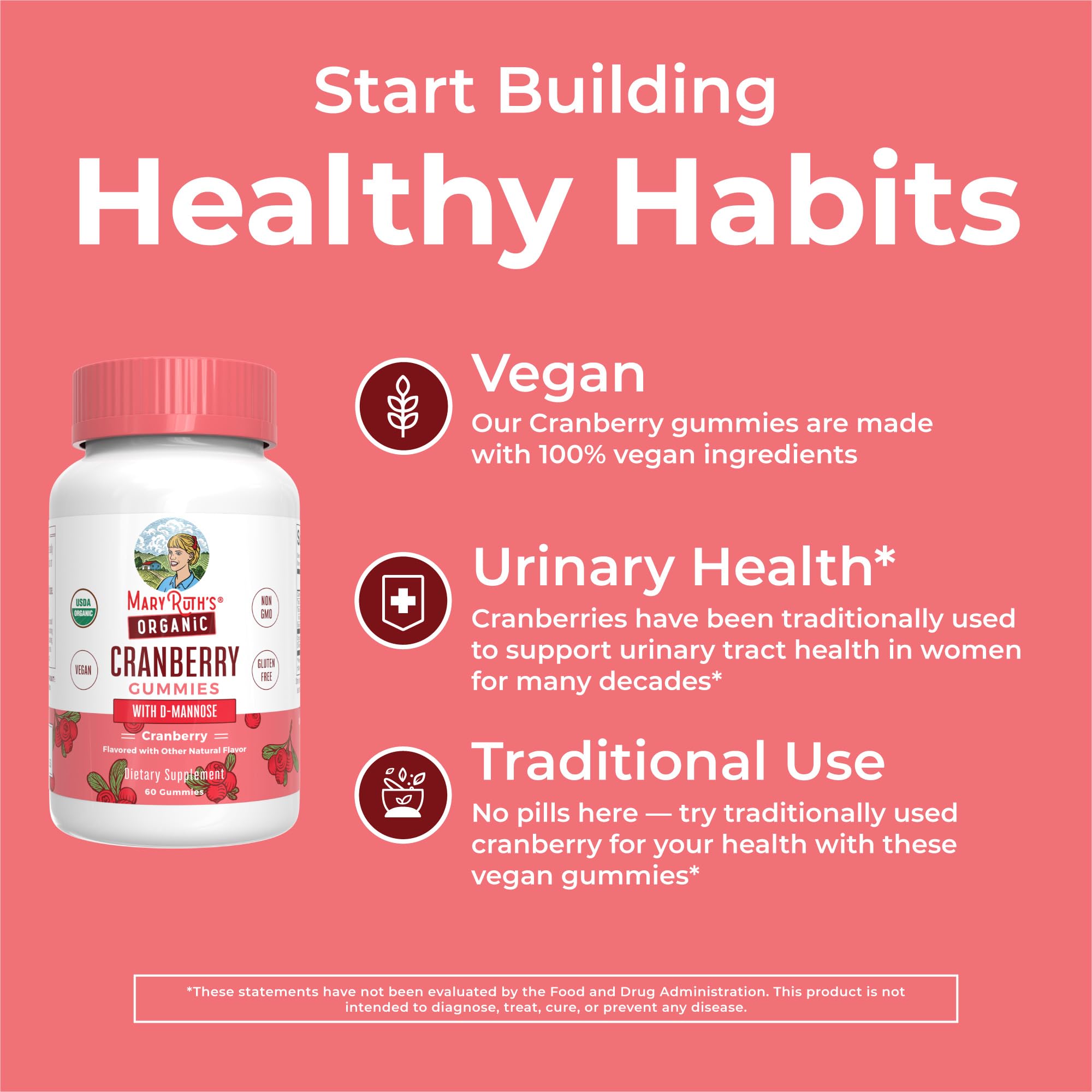 MaryRuth Organics Organic Cranberry Gummies - 500mg Supplement | Urinary Tract Health for Women | with D Mannose | Traditional Use