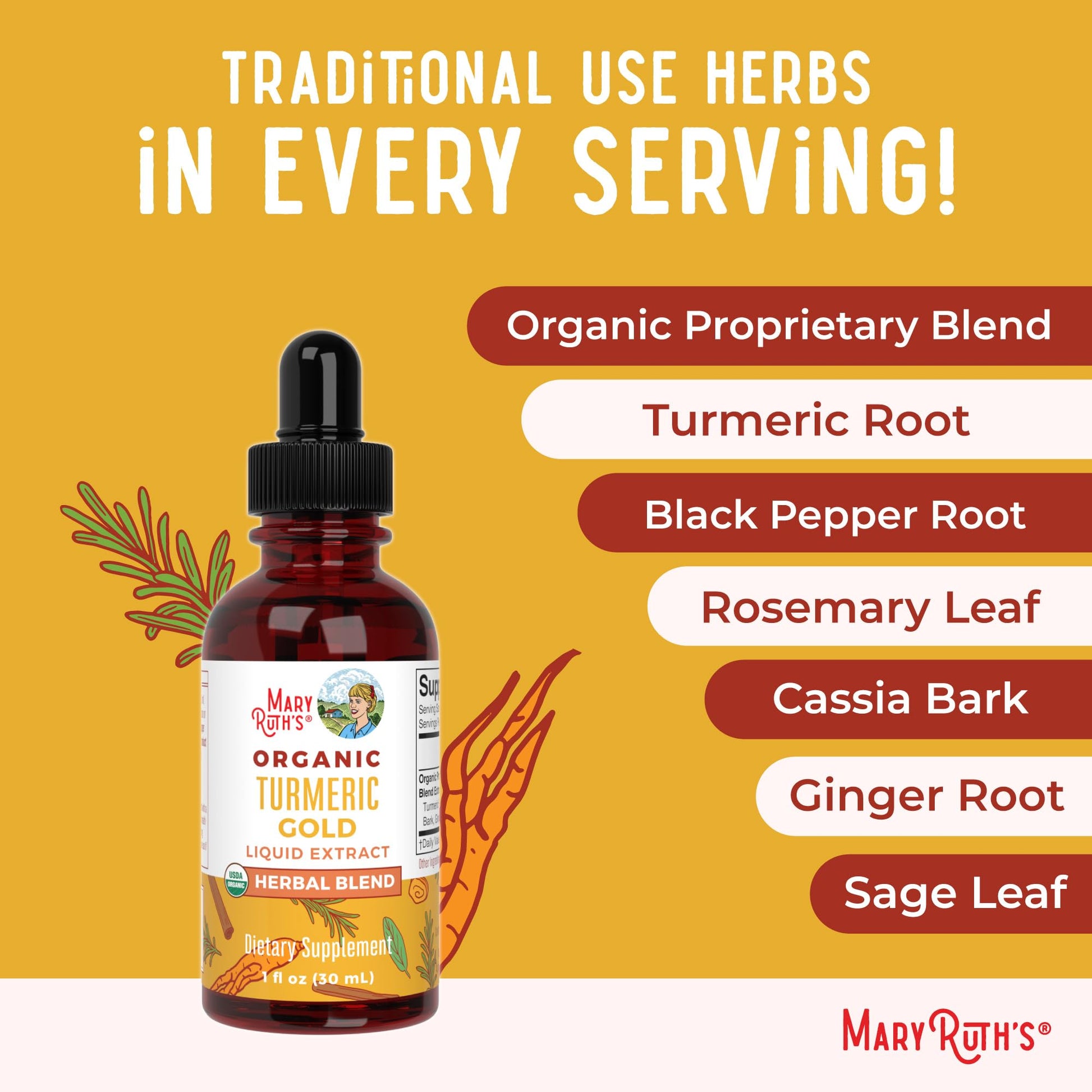 MaryRuth Organics USDA Turmeric Gold Liquid Drops | Herbal Blend | Turmeric Curcumin | Black Pepper | Cassia Cinnamon Bark | Ginger Root | Immune Support | Non-GMO Project Verified | Vegan | 1oz MARYRUTH'SUS supplements